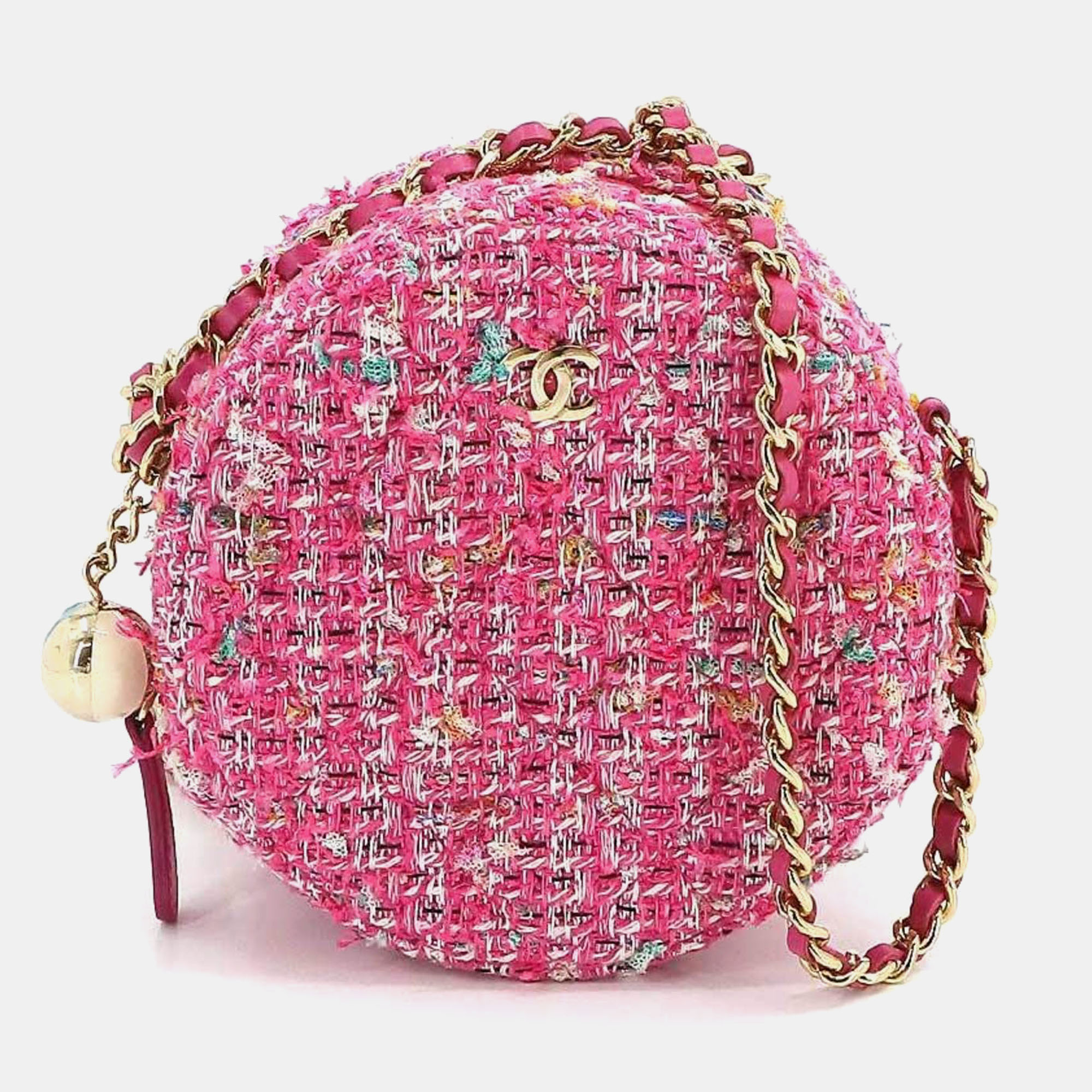 Chanel pink tweed round clutch w/ chain