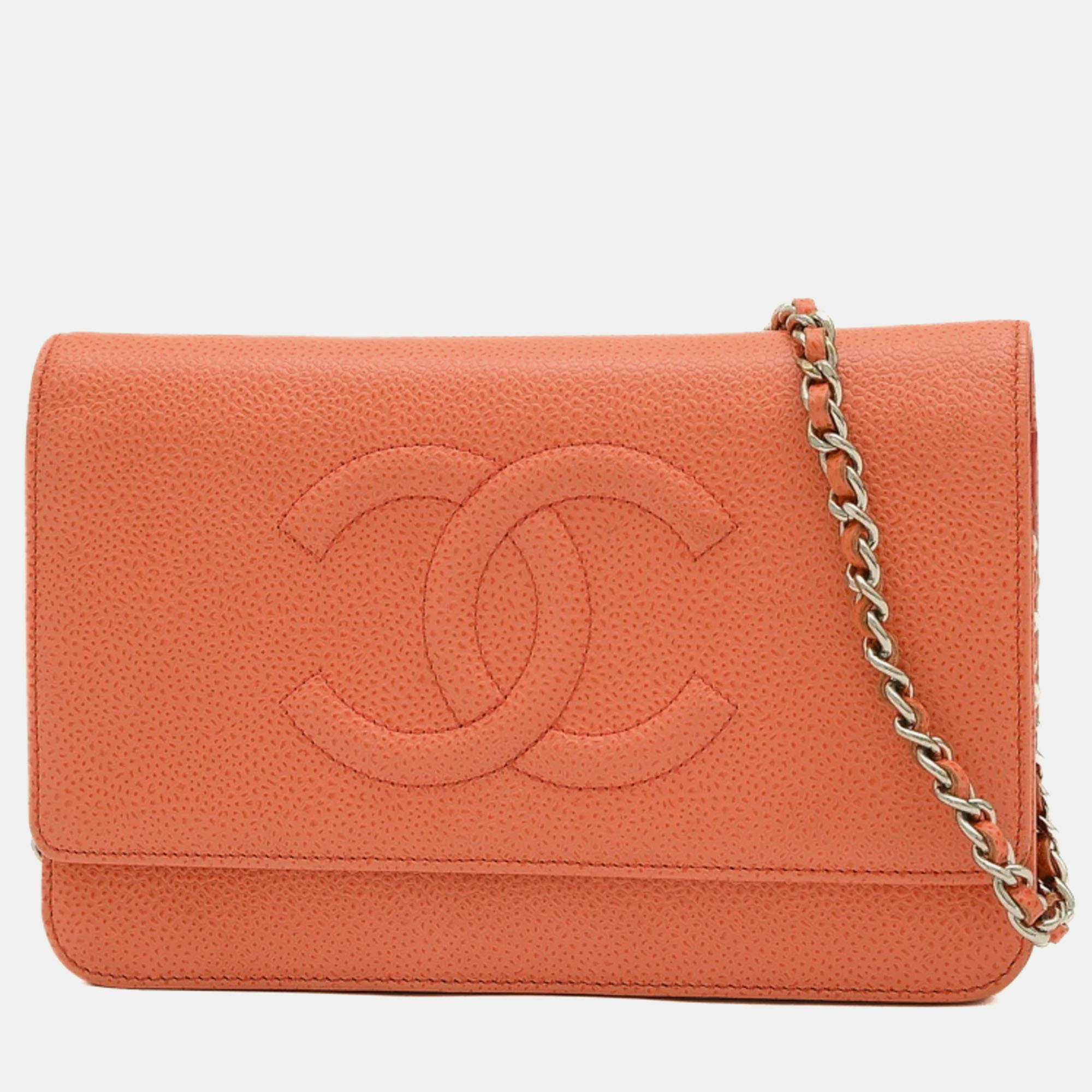 Chanel orange leather chain wallet on chain