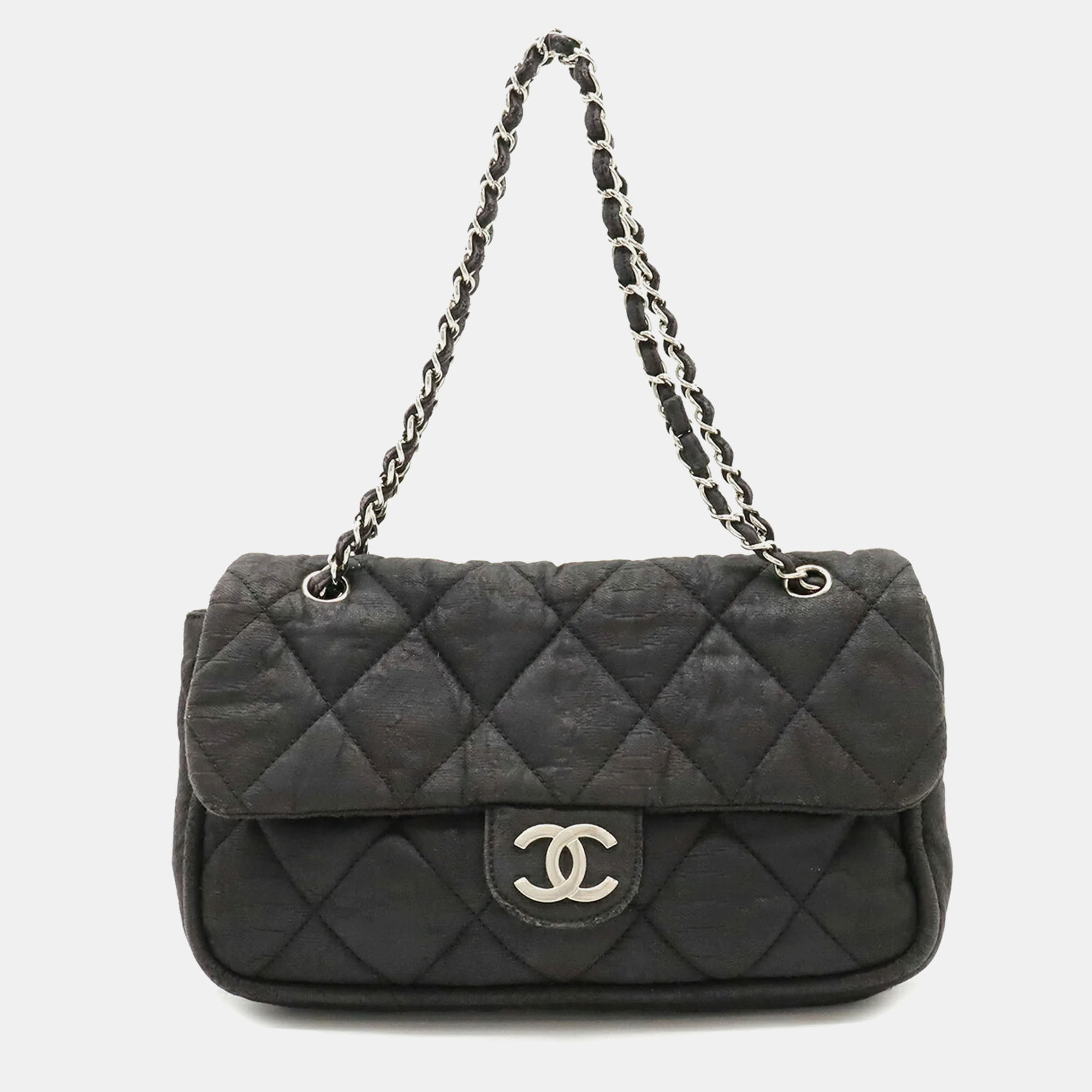 Chanel black quilted crinkled coated canvas le marais ligne flap bag