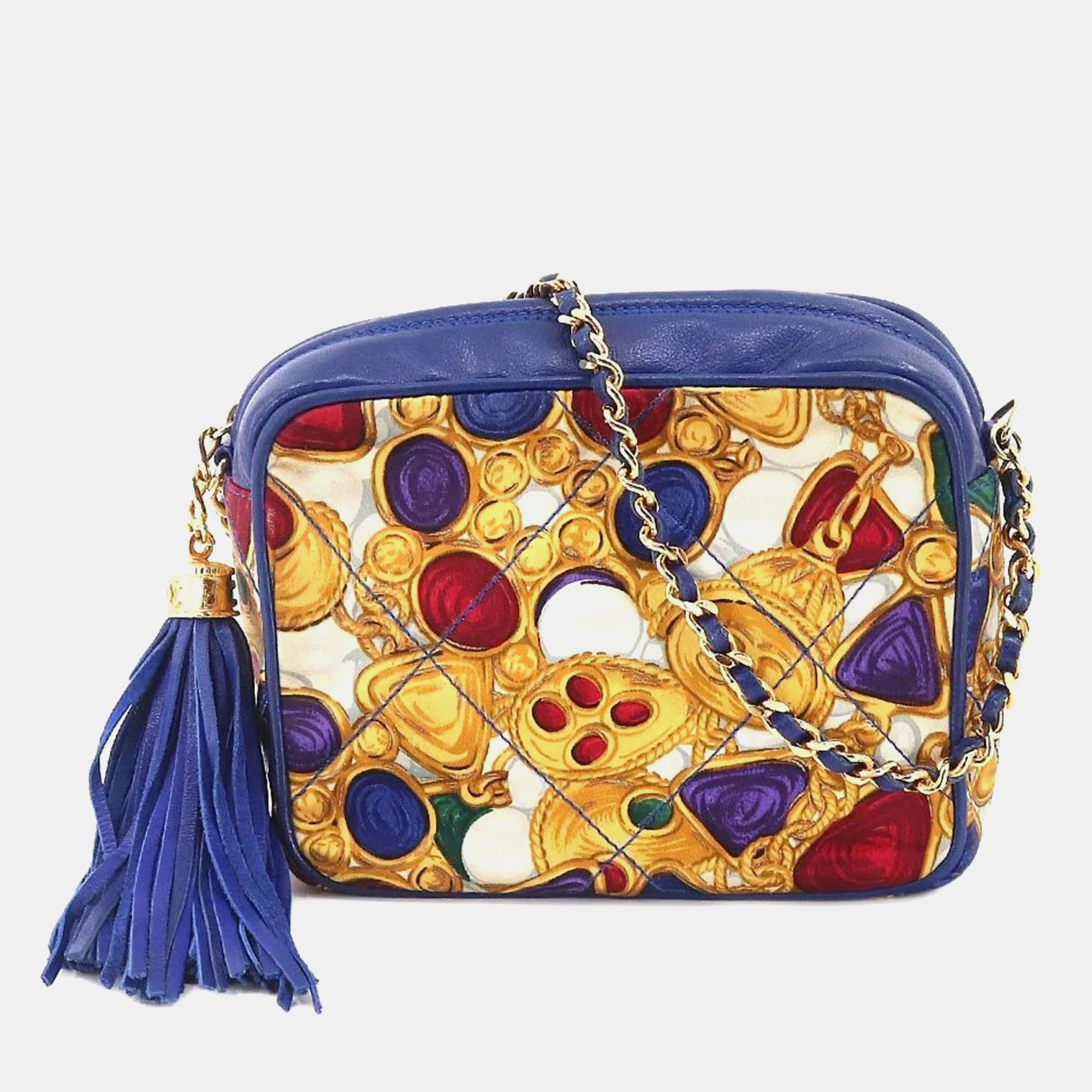 Chanel blue multicolor silk gripoix jewel print camera bag