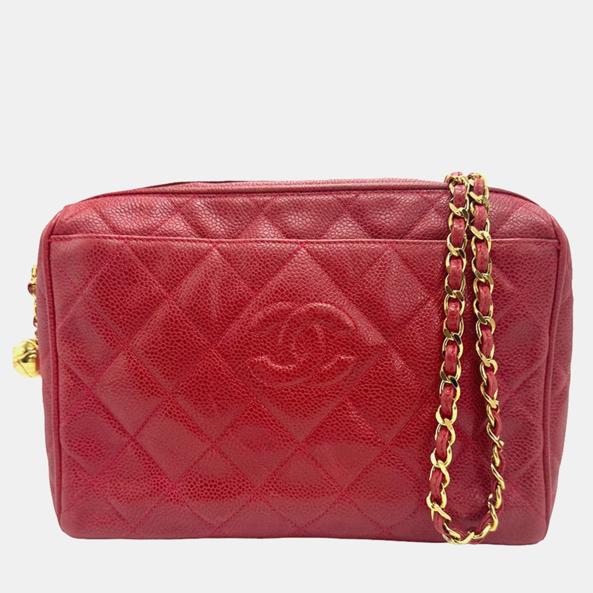 Chanel red quilted leather cc shoulder bag