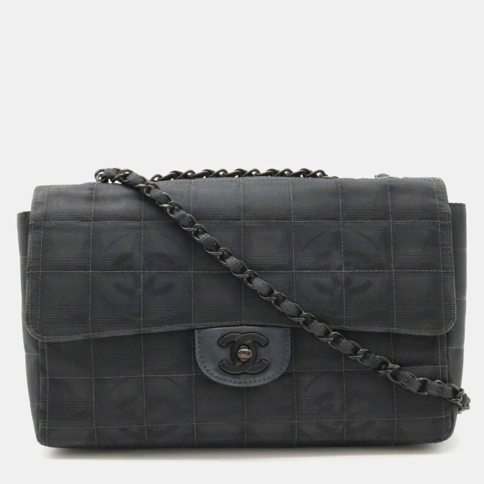 Chanel black choco bar quilted fabric cc travel line shoulder bag