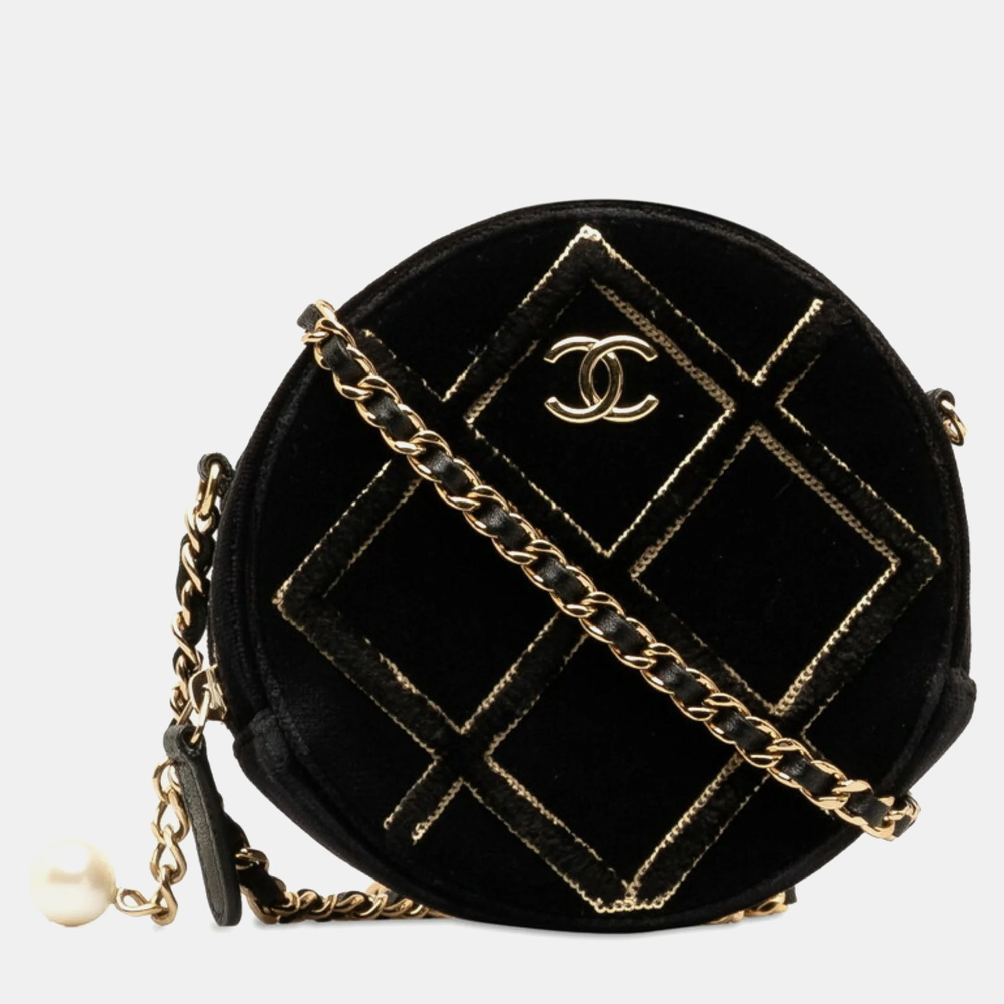 Chanel black velvet pearl sequin round crossbody bag