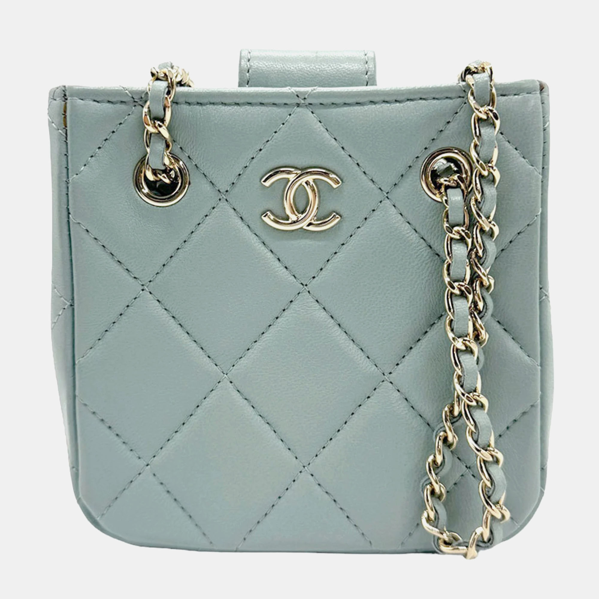Chanel light blue lambskin quilted tiny shopping clutch with chain