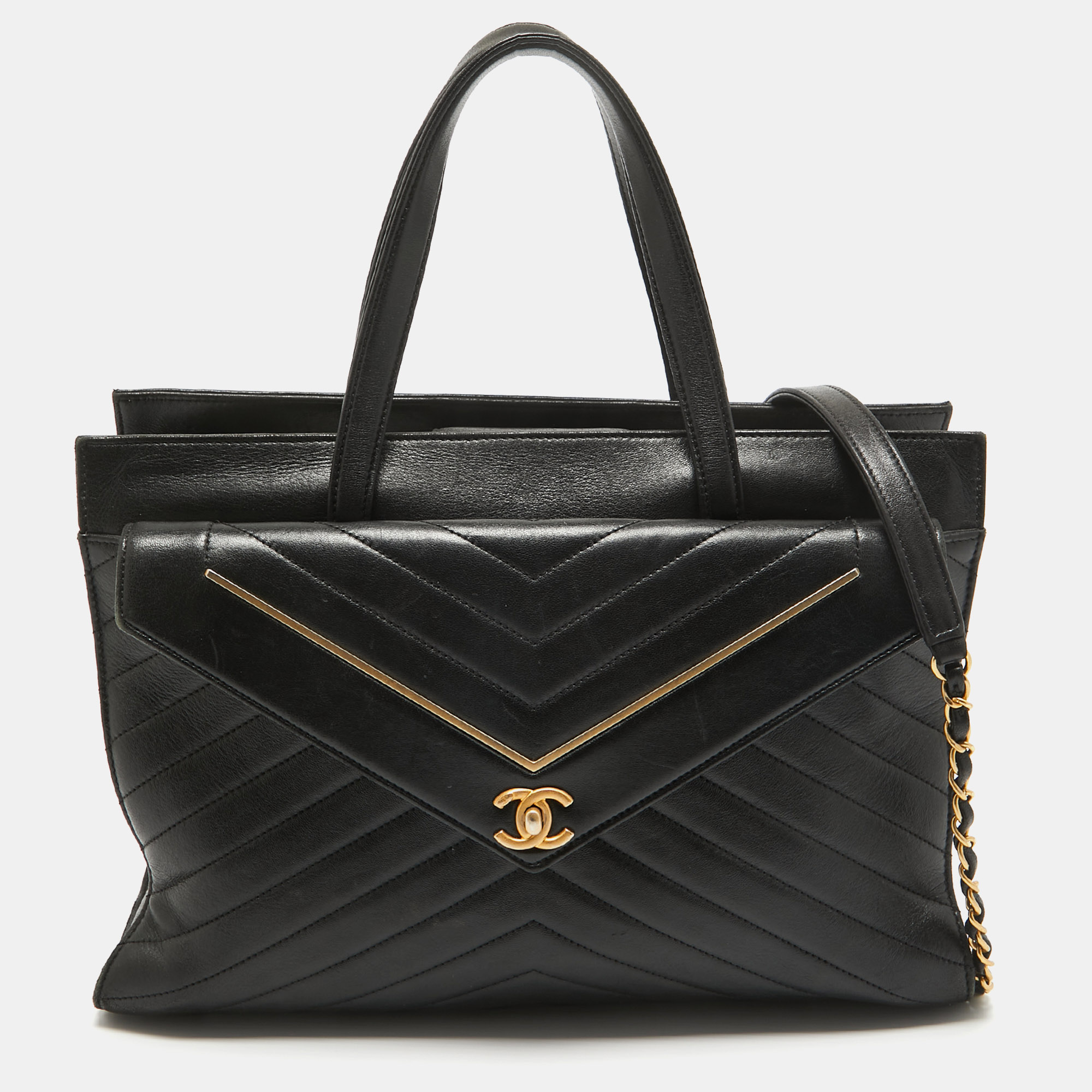 Chanel black/gold reversed chevron leather shopper tote