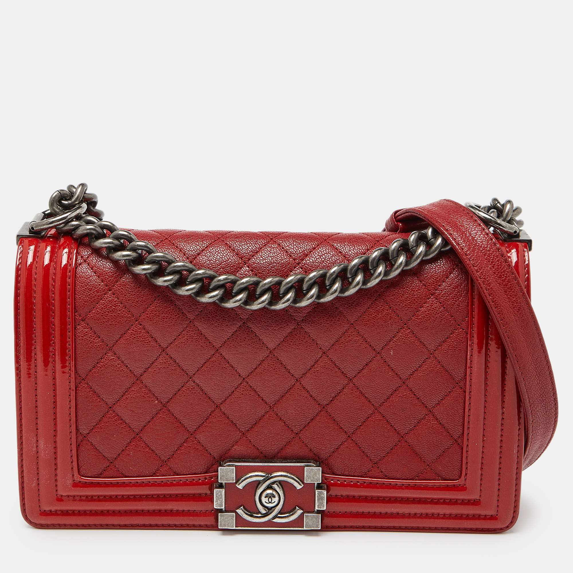 Chanel red quilted leather and patent leather medium boy flap bag