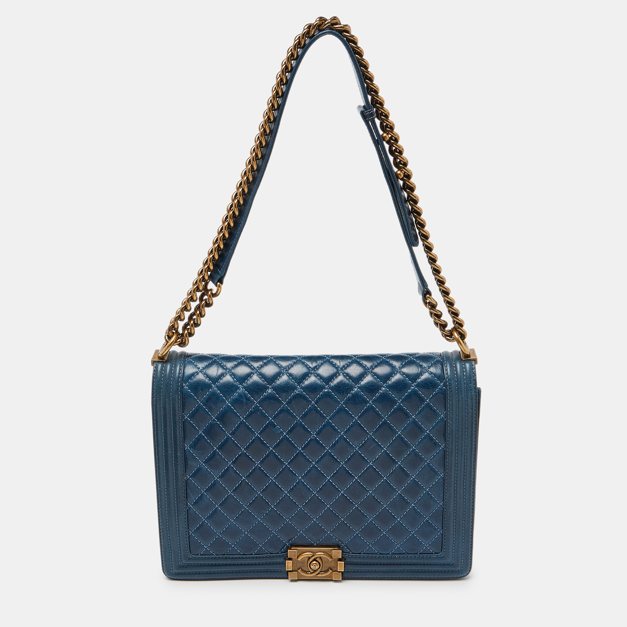 Chanel blue quilted leather large boy flap bag