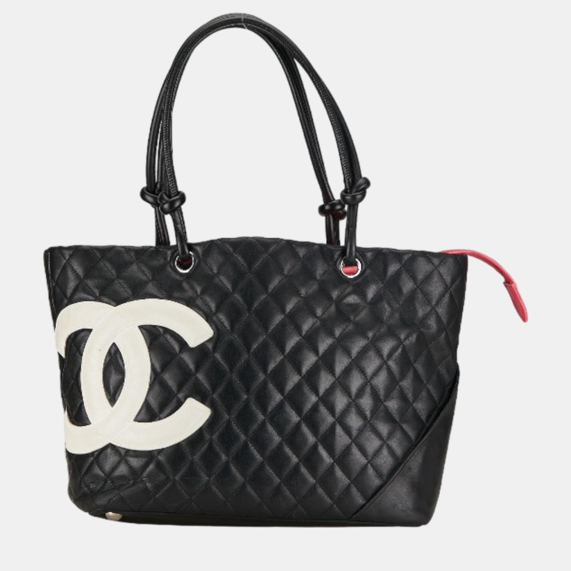 Chanel black quilted leather cambon tote bag