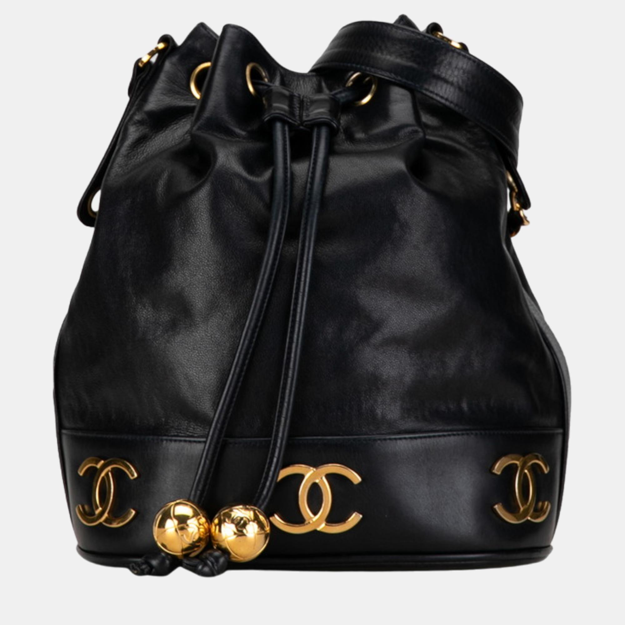 Chanel black leather triple cc drawstring bag