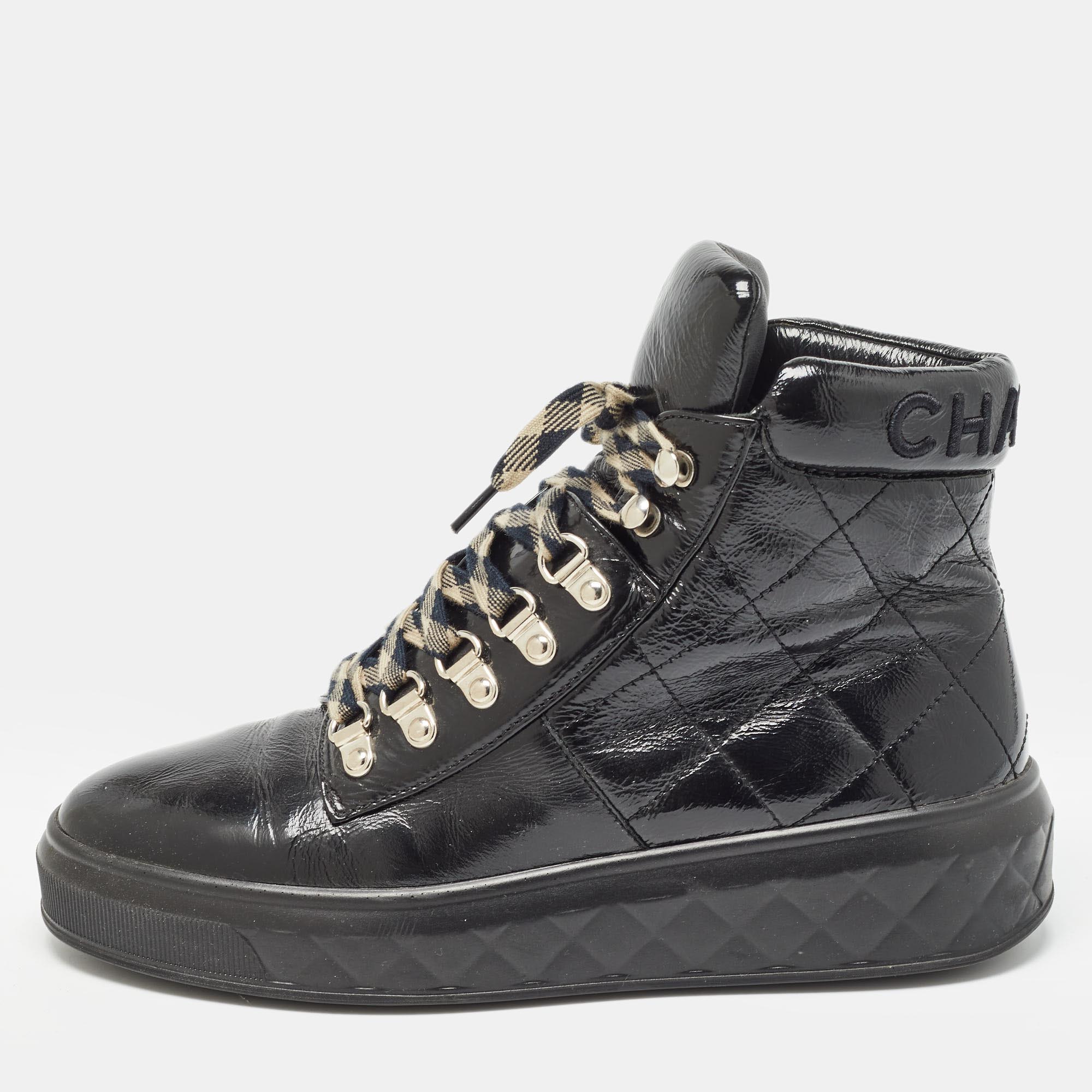 Chanel black quilted patent leather high top sneakers size 38