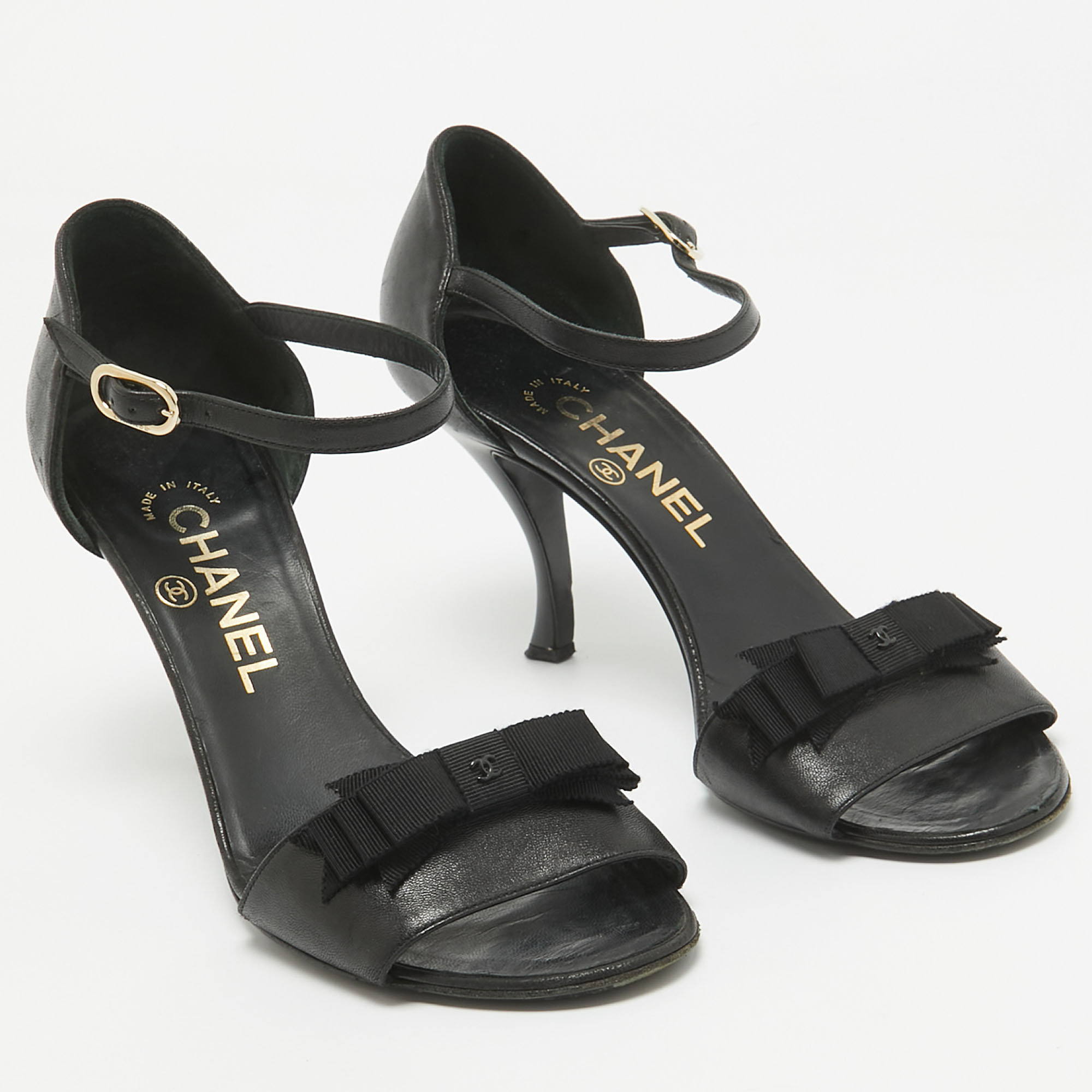 Chanel Black Leather Ankle Strap Sandals Size 37.5