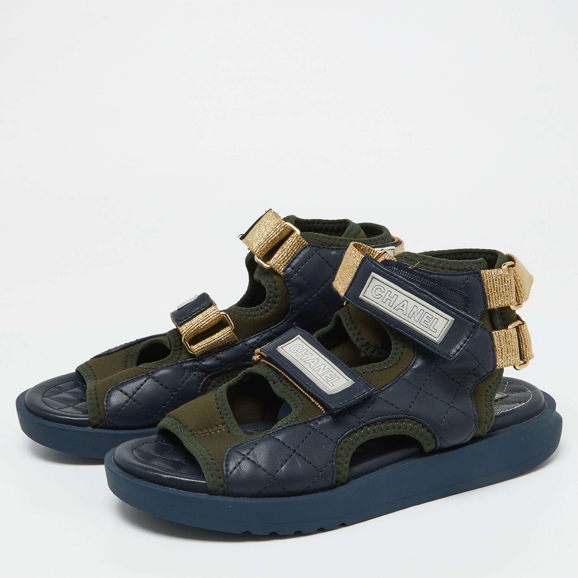 Chanel Navy Blue/Green Quilted Leather And Neoprene Gladiator Sandals Size 39