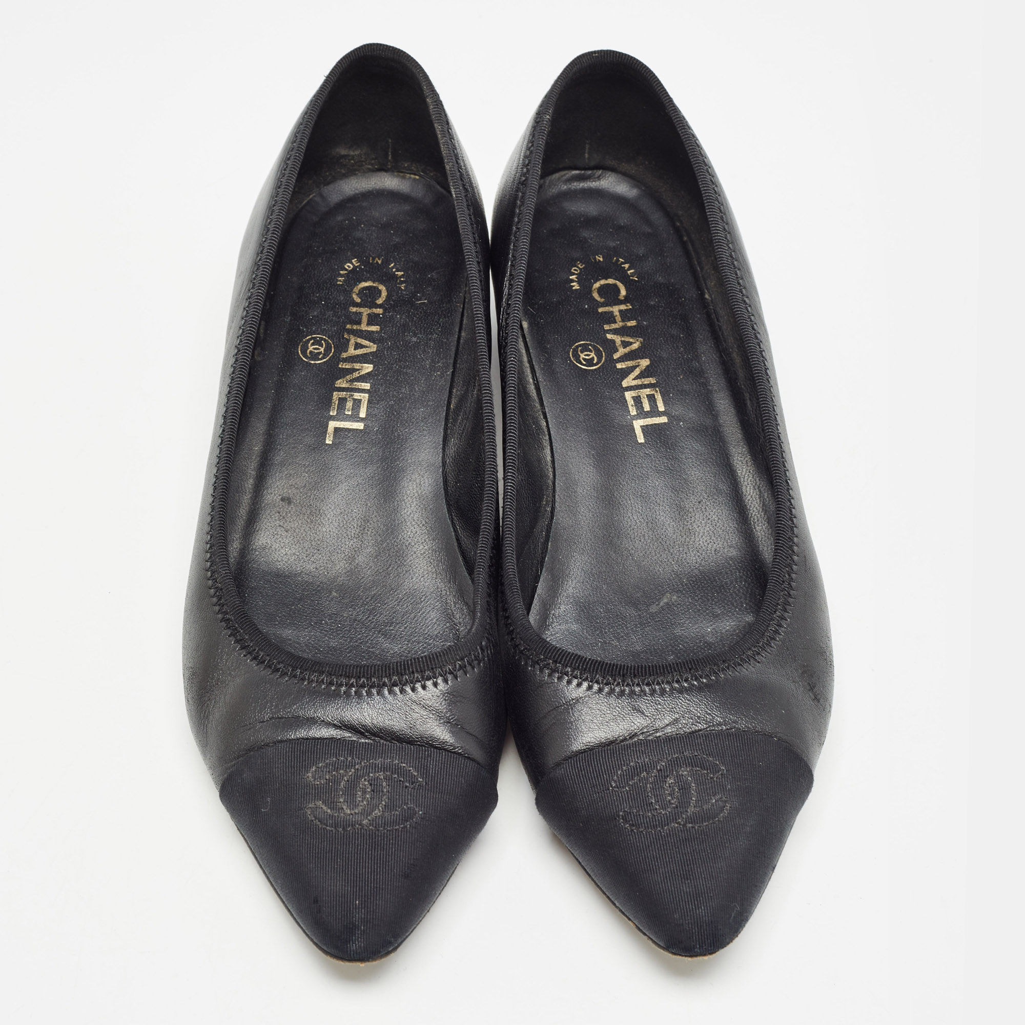 Chanel Black Leather And CC Canvas Chain Link Detail Ballet Flats Size 37