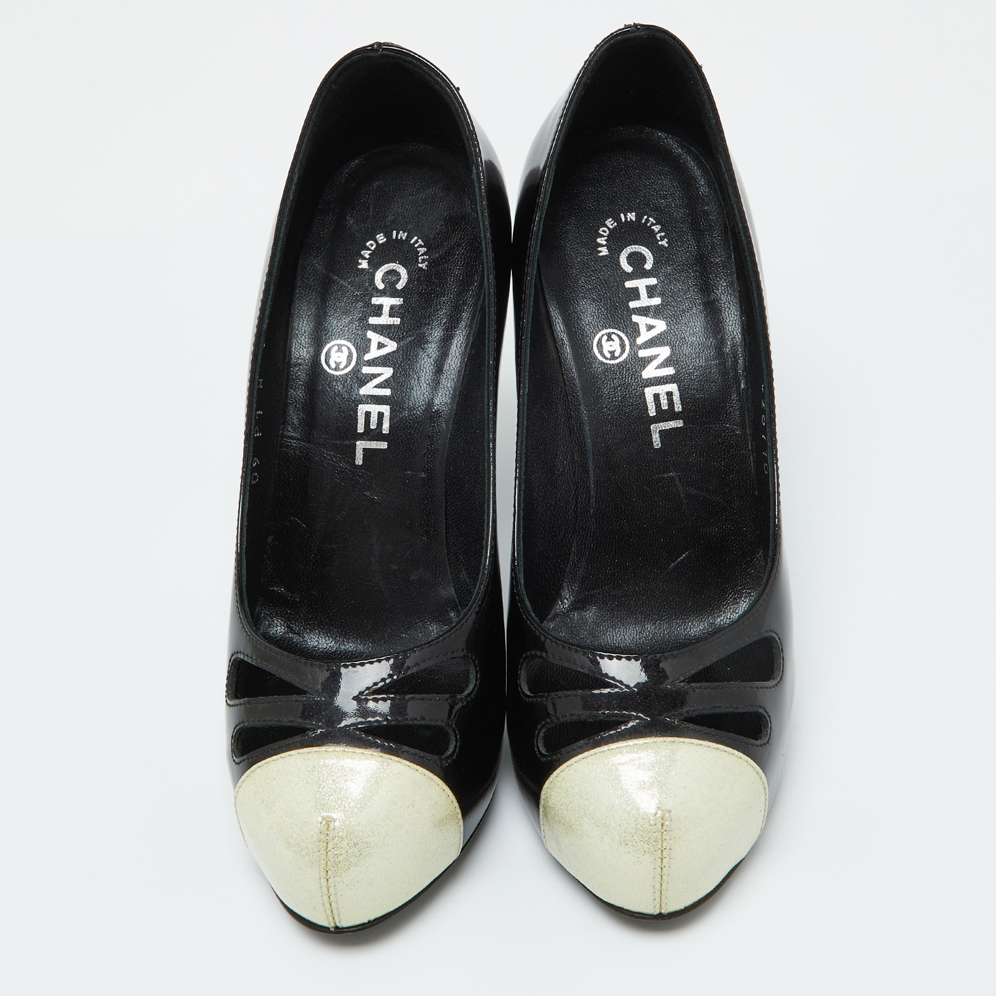 Chanel Tri Color Patent Leather CC Cap Toe Pumps Size 35