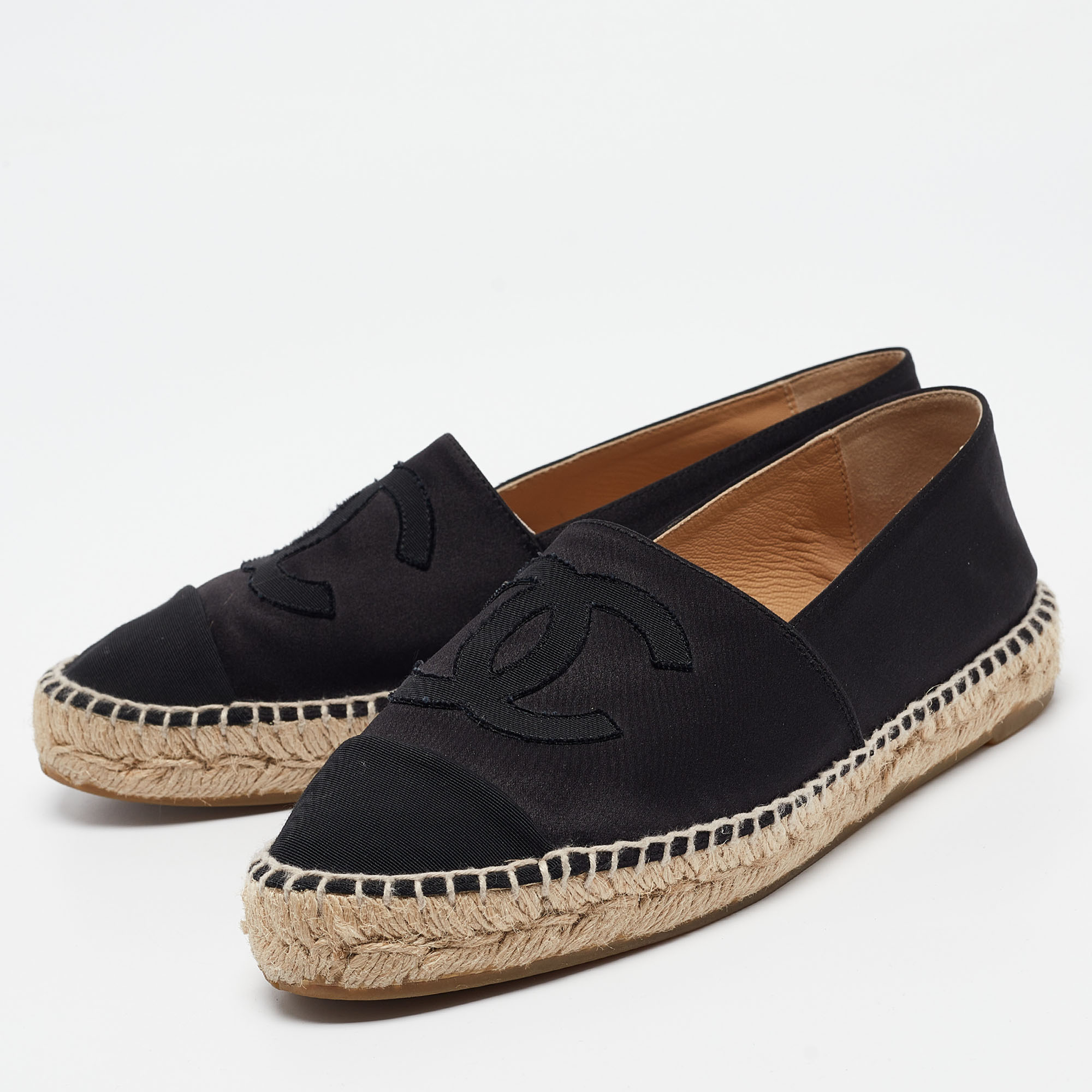 Chanel Black Satin CC Cap Toe Espadrille Flats Size 39