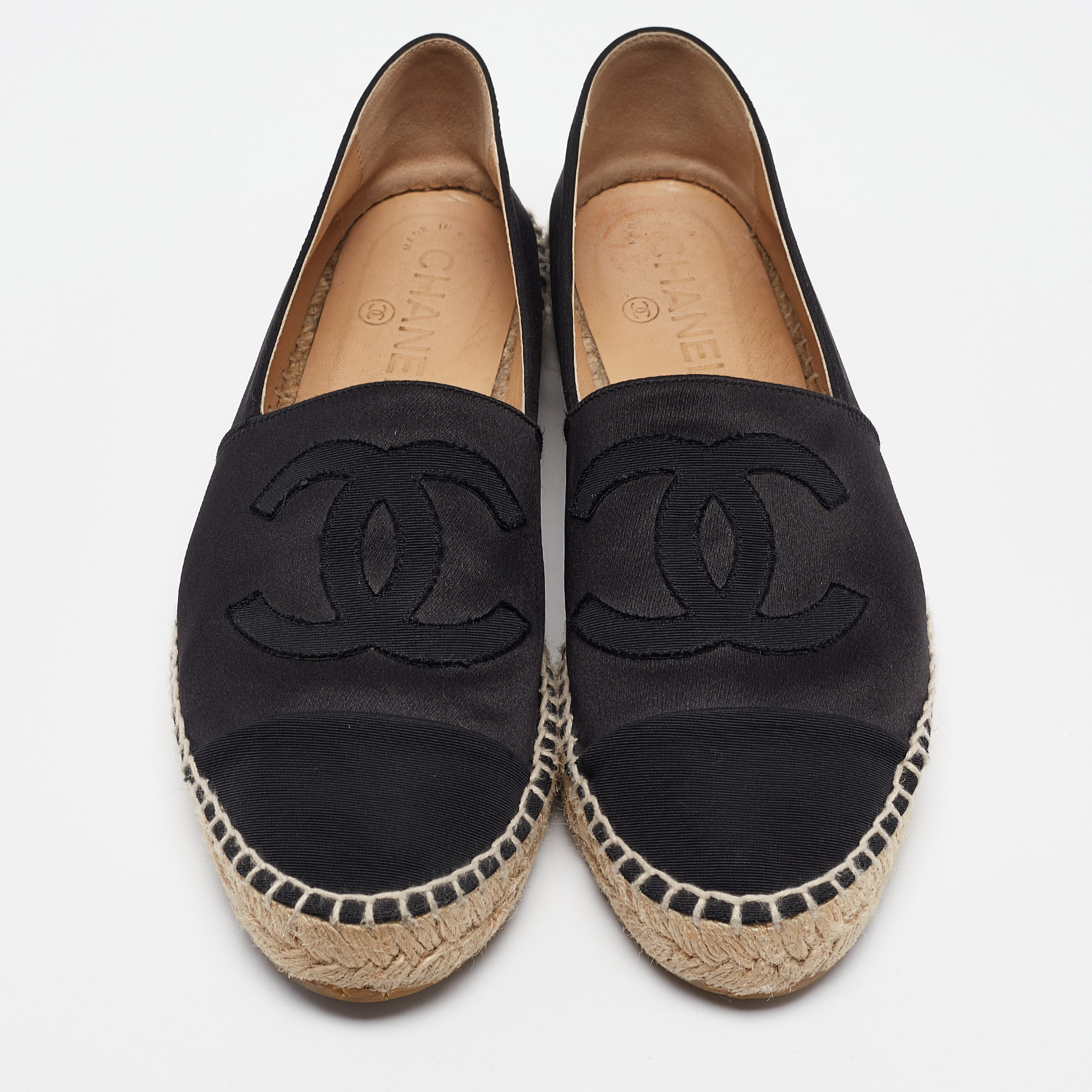 Chanel Black Satin CC Cap Toe Espadrille Flats Size 39