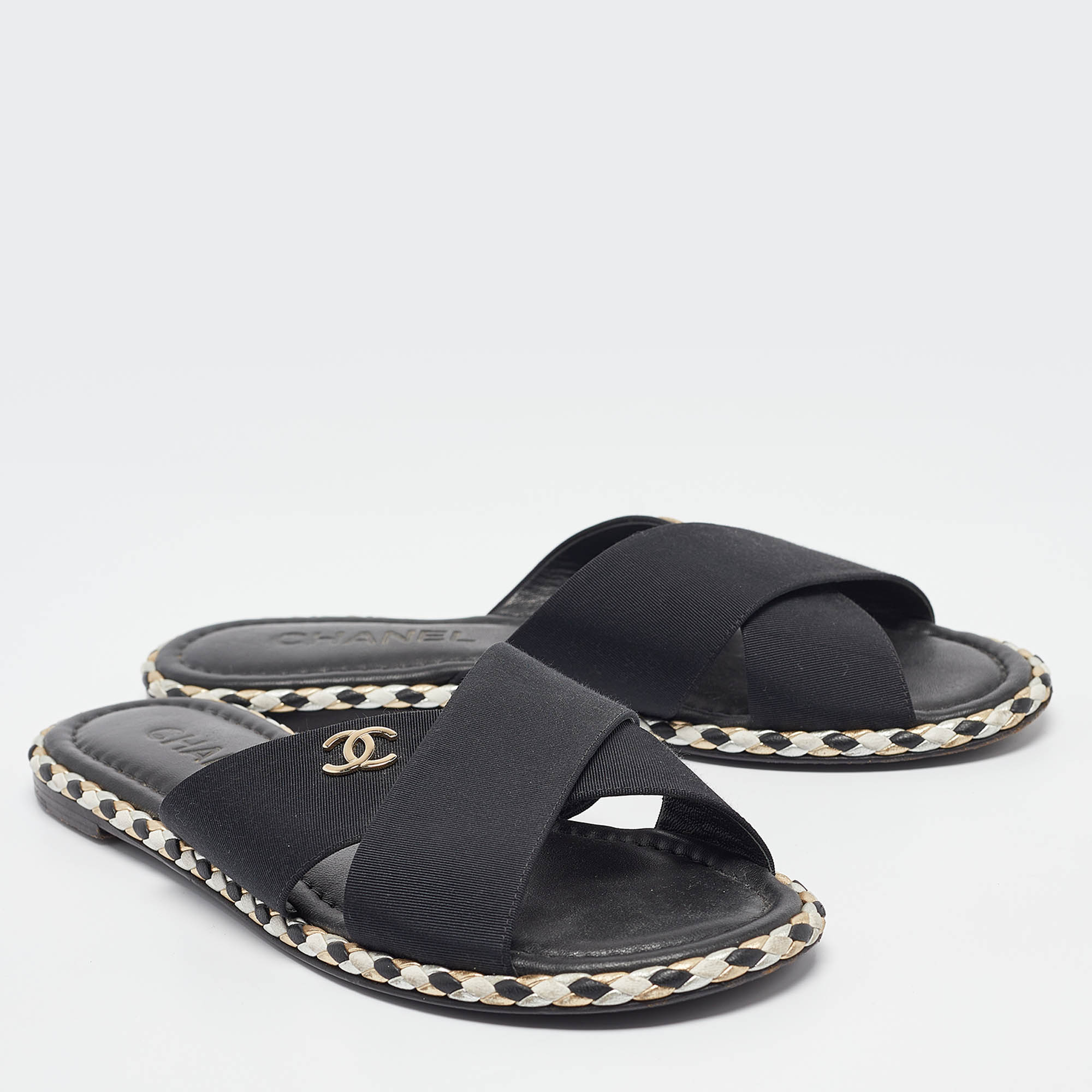 Chanel Black Canvas CC Flat Slides Size 38