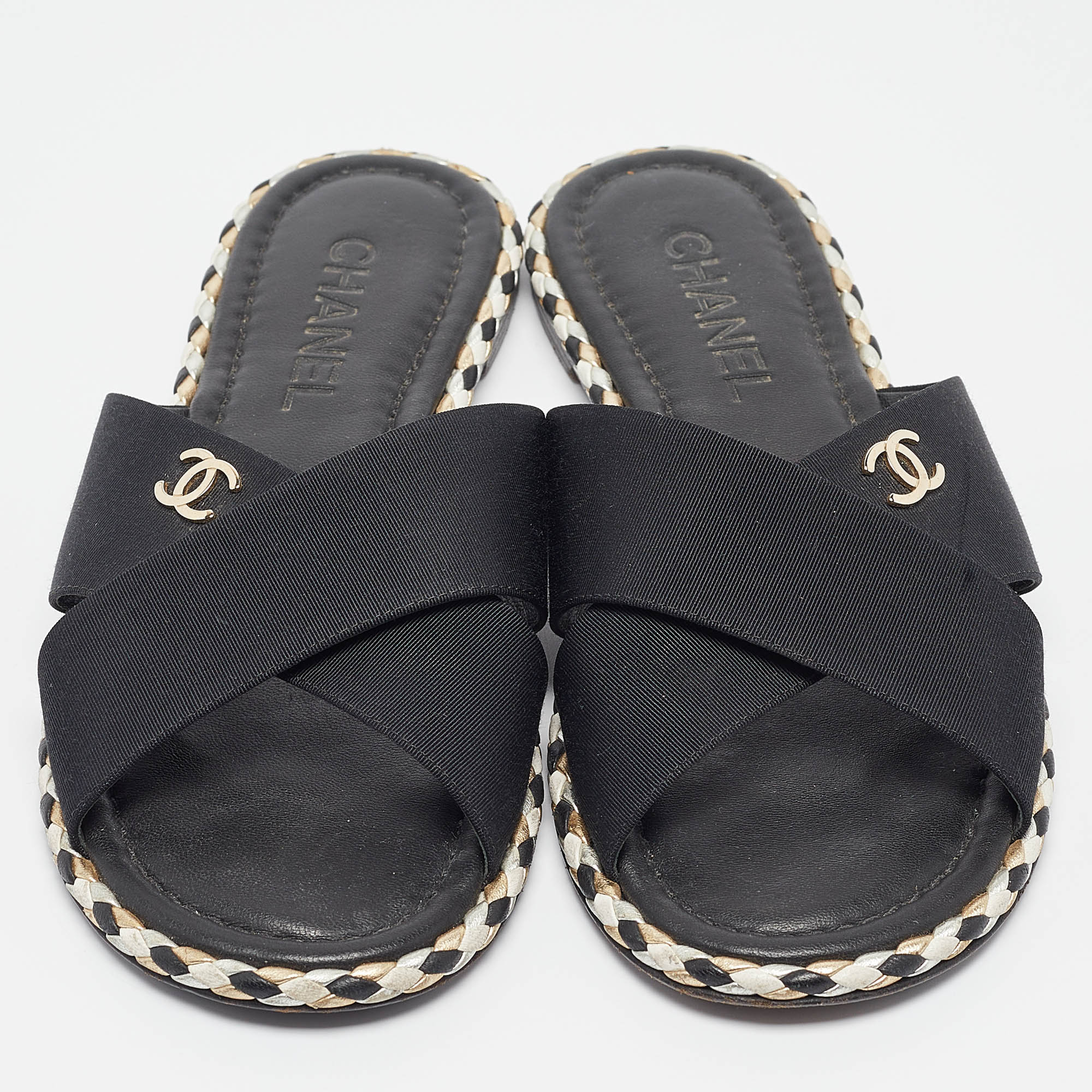 Chanel Black Canvas CC Flat Slides Size 38