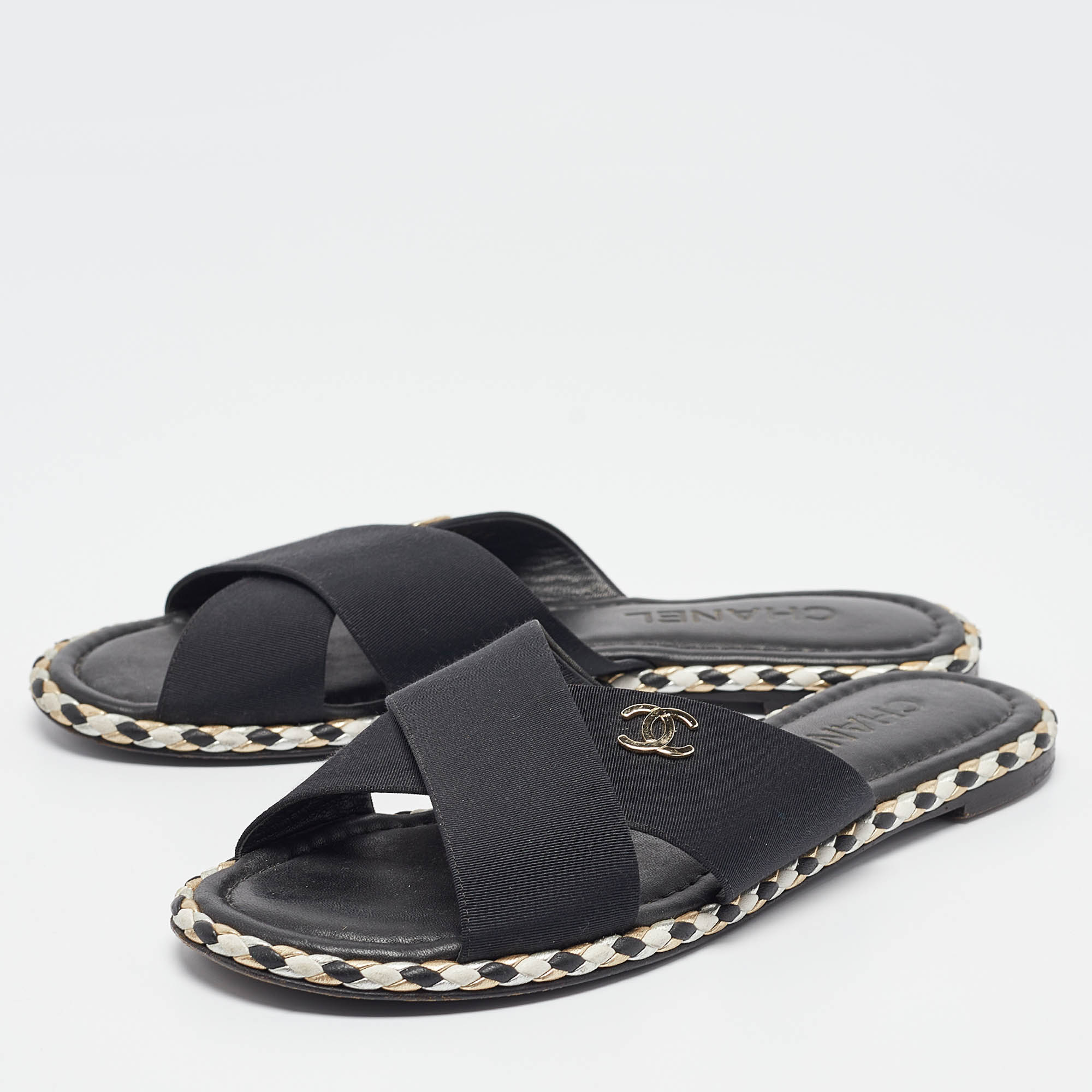 Chanel Black Canvas CC Flat Slides Size 38