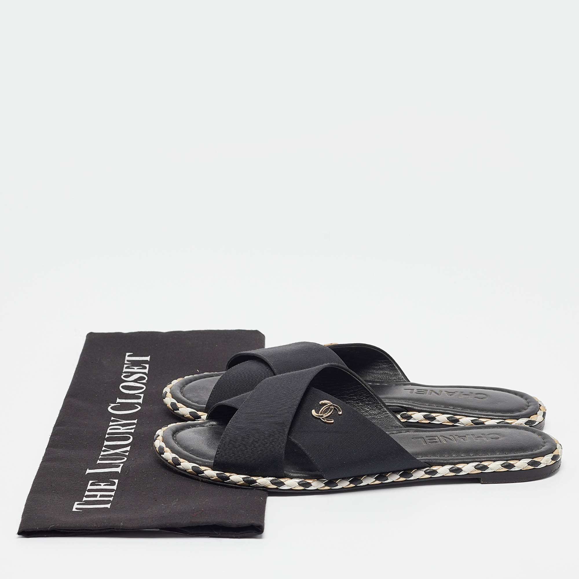 Chanel Black Canvas CC Flat Slides Size 38