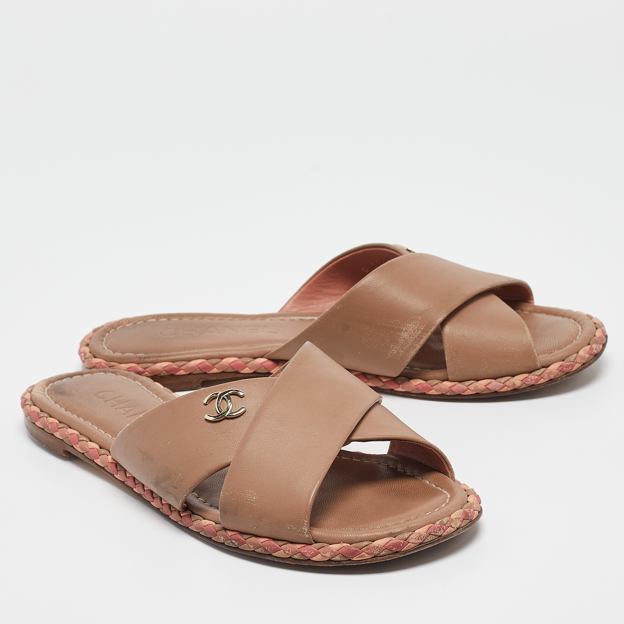 Chanel Brown Leather CC Crisscross Flat Slides Size 38