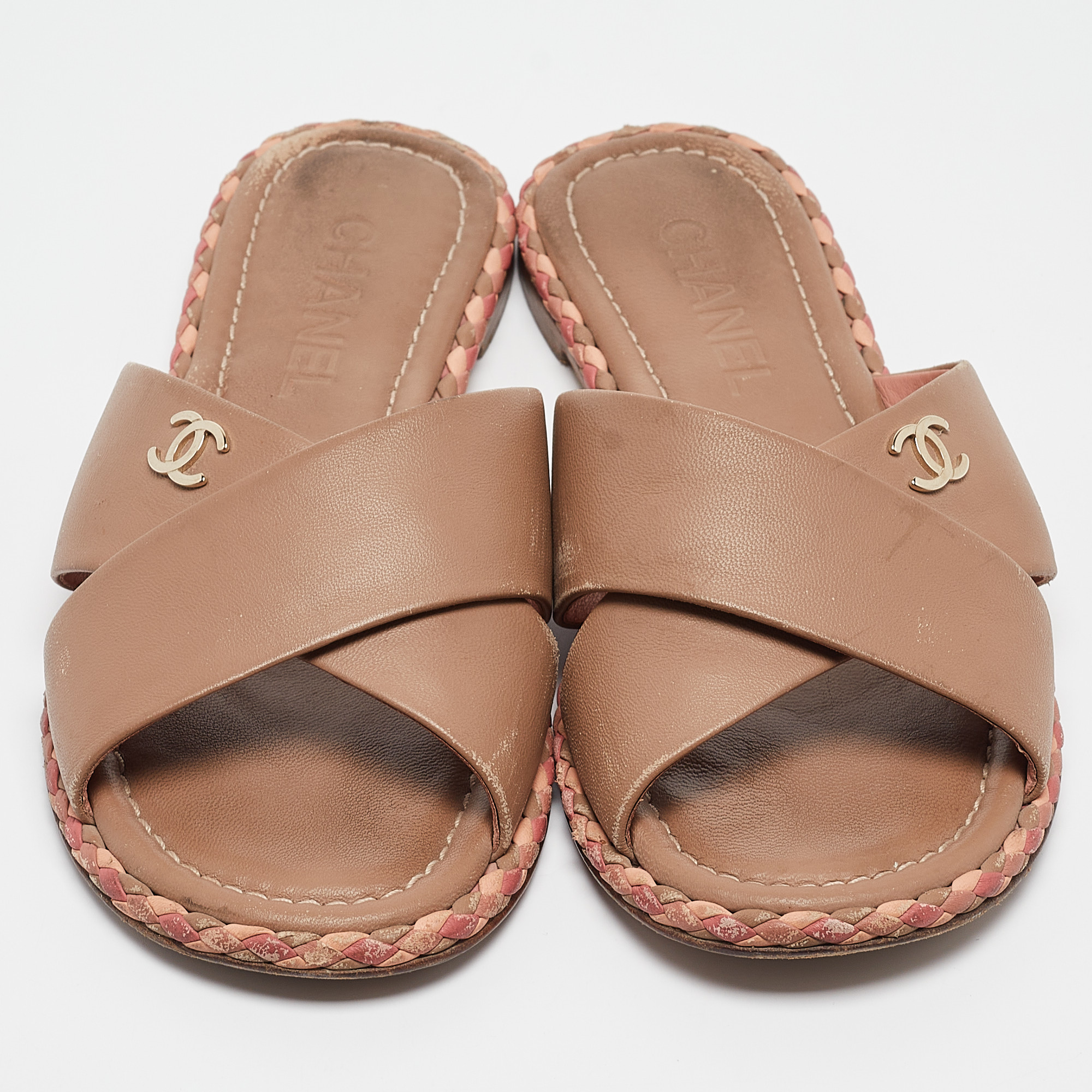 Chanel Brown Leather CC Crisscross Flat Slides Size 38