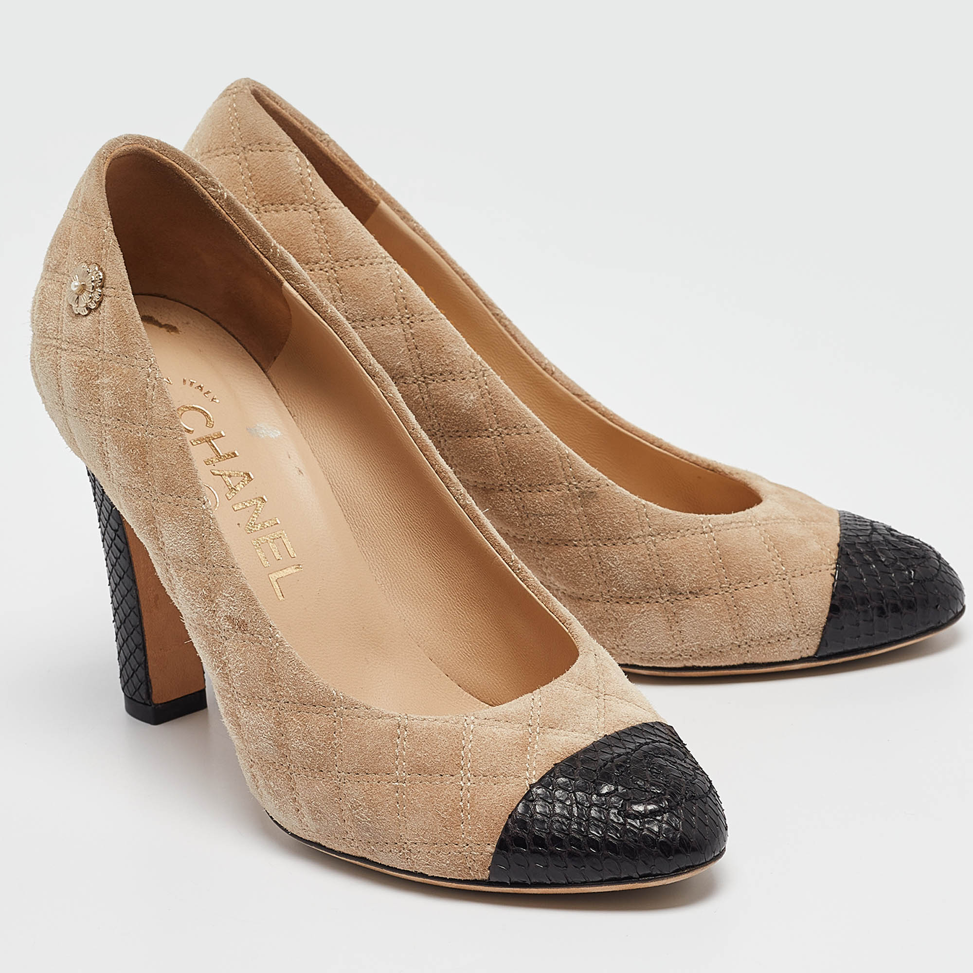 Chanel Beige/Black Suede And Snakeskin Cap Toe Pumps Size 35