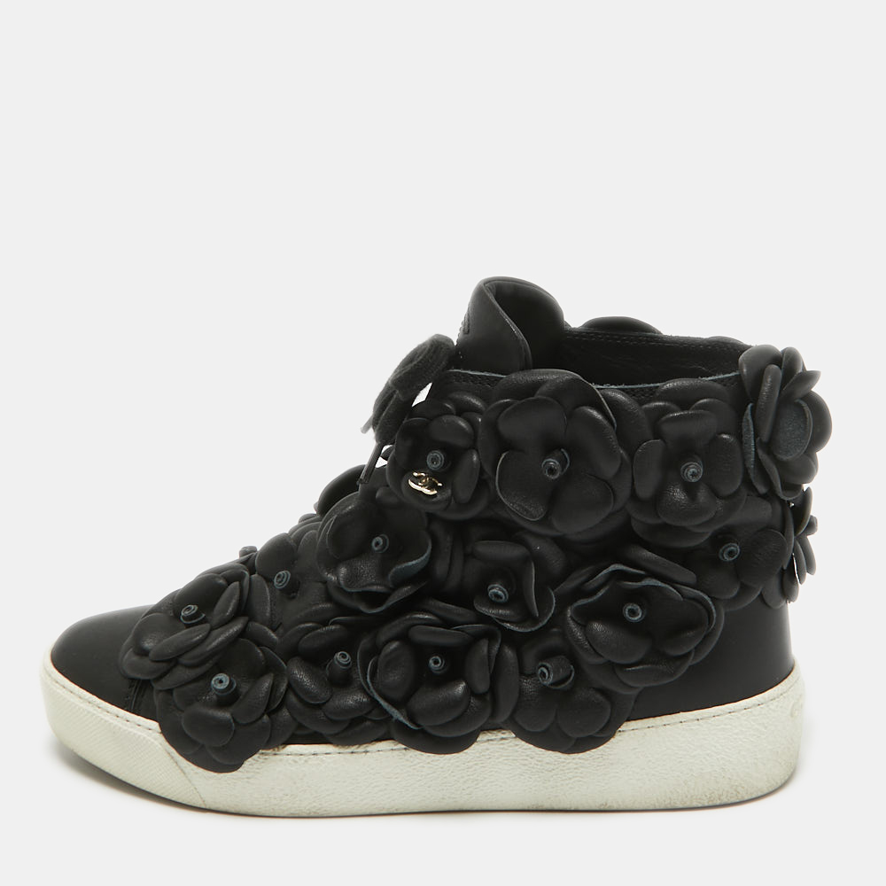 Chanel Black Leather Flower High Top Sneakers Size 37.5