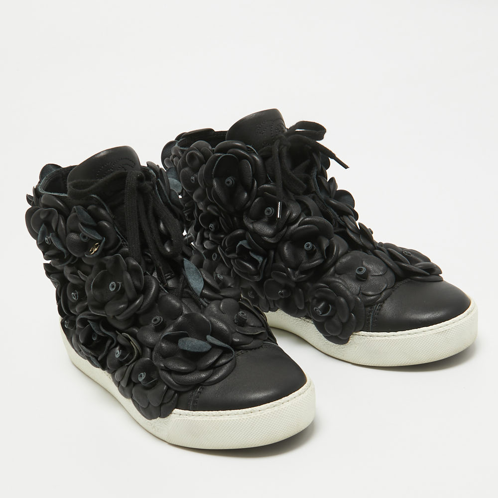 Chanel Black Leather Flower High Top Sneakers Size 37.5