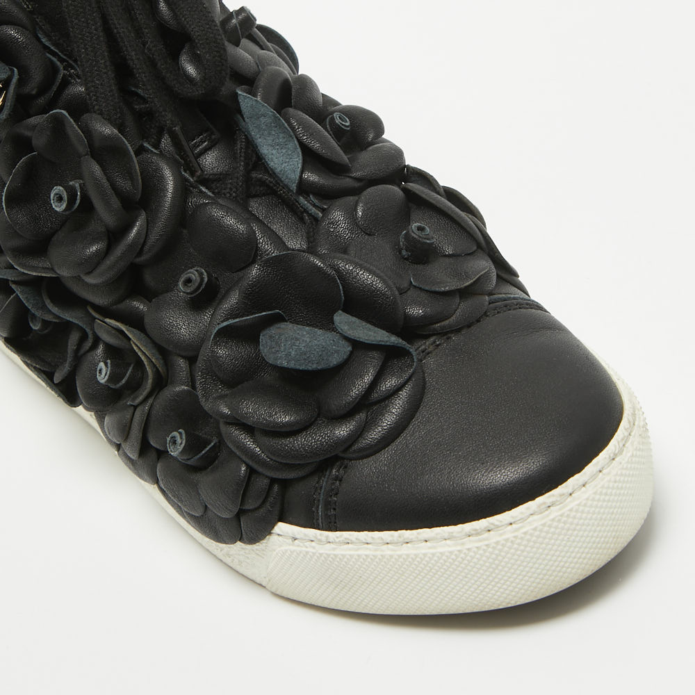 Chanel Black Leather Flower High Top Sneakers Size 37.5