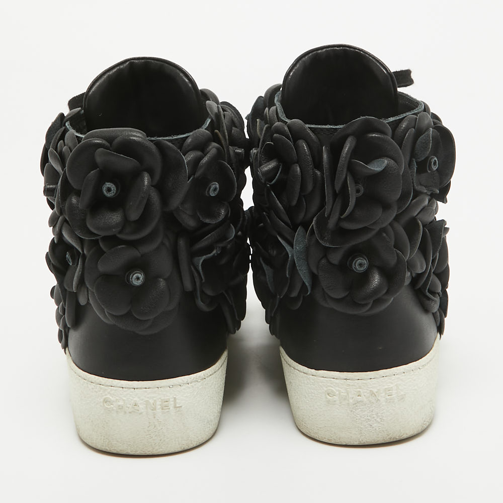 Chanel Black Leather Flower High Top Sneakers Size 37.5