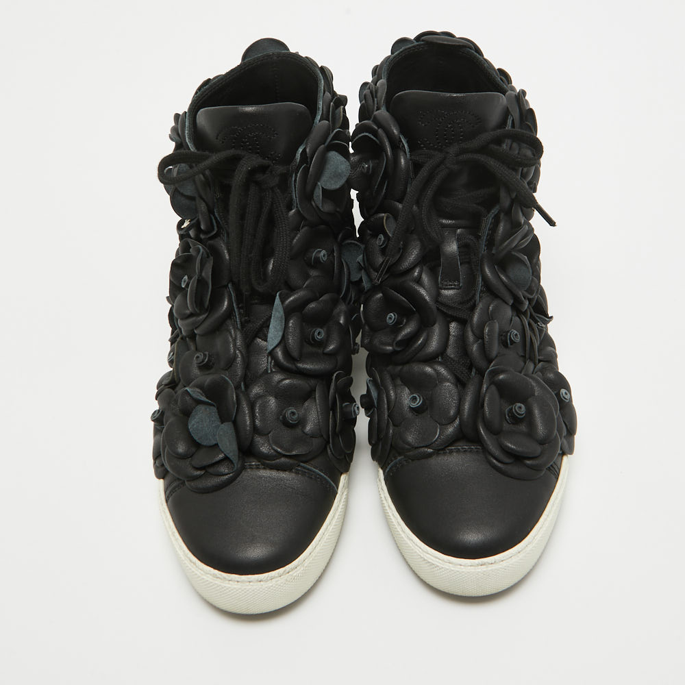 Chanel Black Leather Flower High Top Sneakers Size 37.5