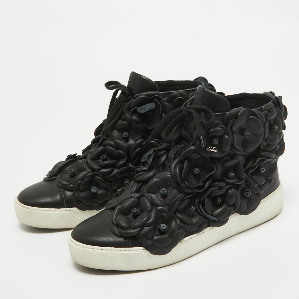 Chanel Black Leather Flower High Top Sneakers Size 37.5