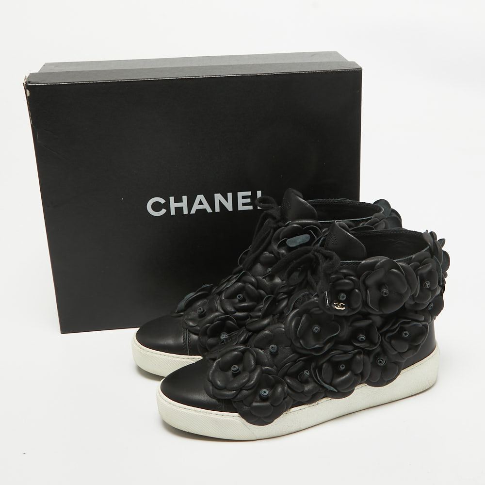 Chanel Black Leather Flower High Top Sneakers Size 37.5