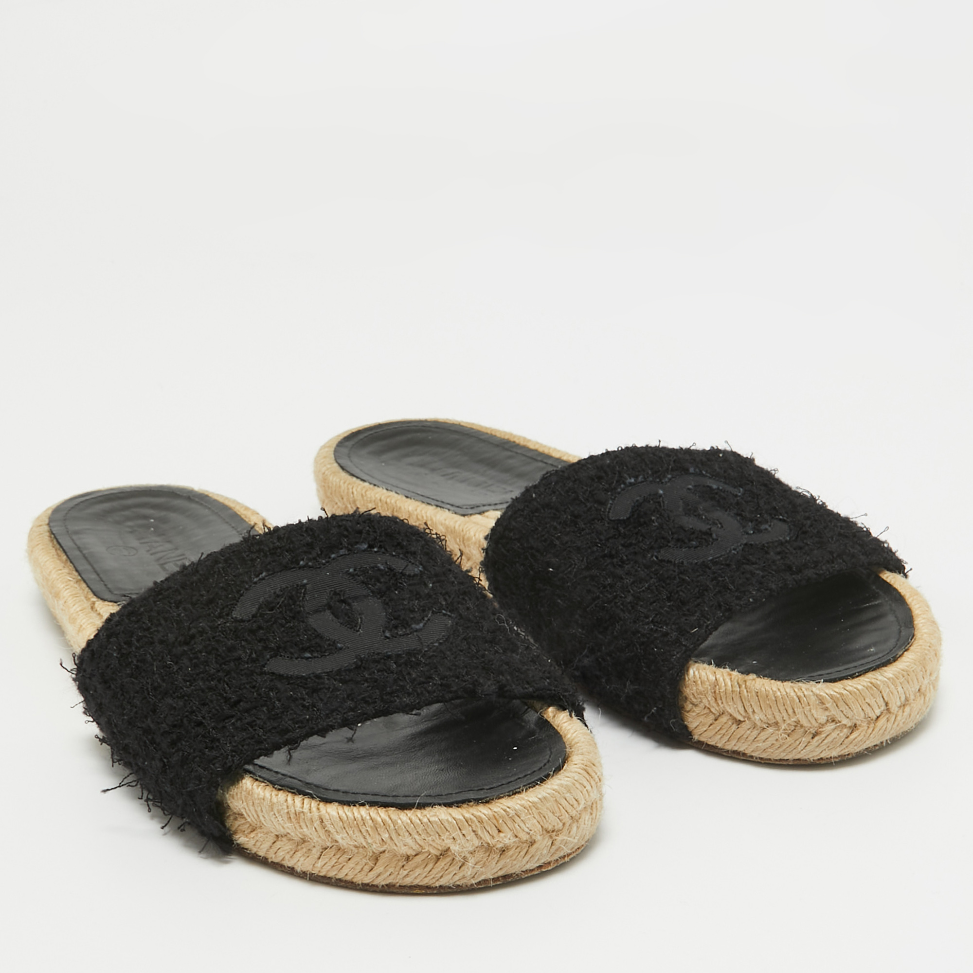 Chanel Black Tweed Flat Slides Size 38