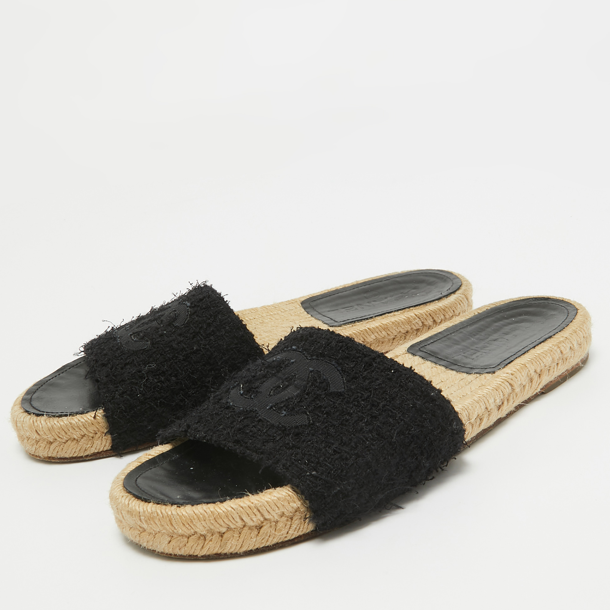 Chanel Black Tweed Flat Slides Size 38