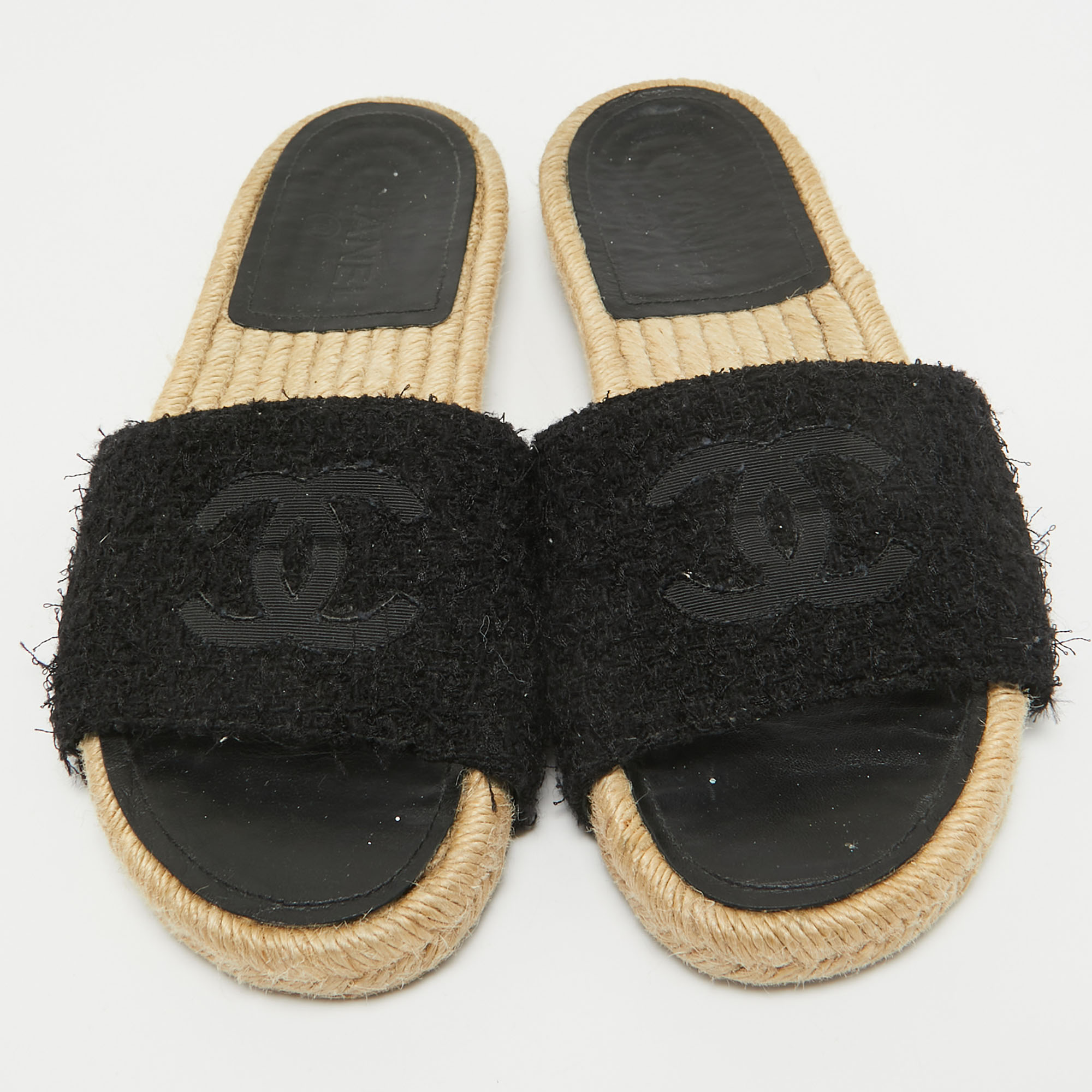 Chanel Black Tweed Flat Slides Size 38