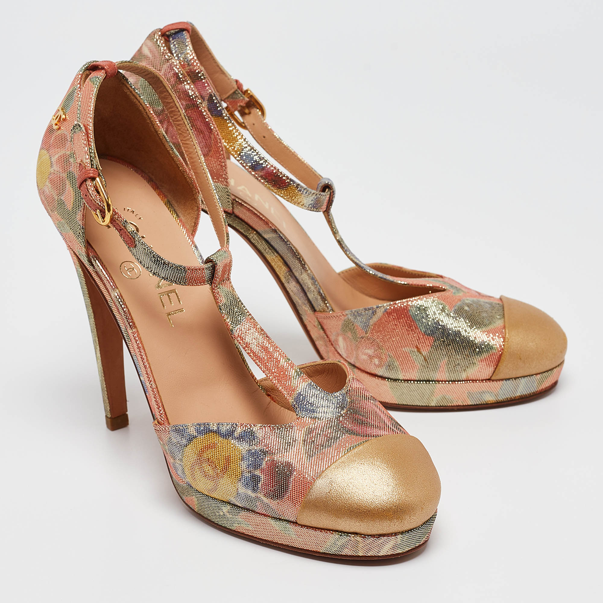 Chanel Multicolor Floral Lurex Fabric And Leather Platform Pumps Size 38.5