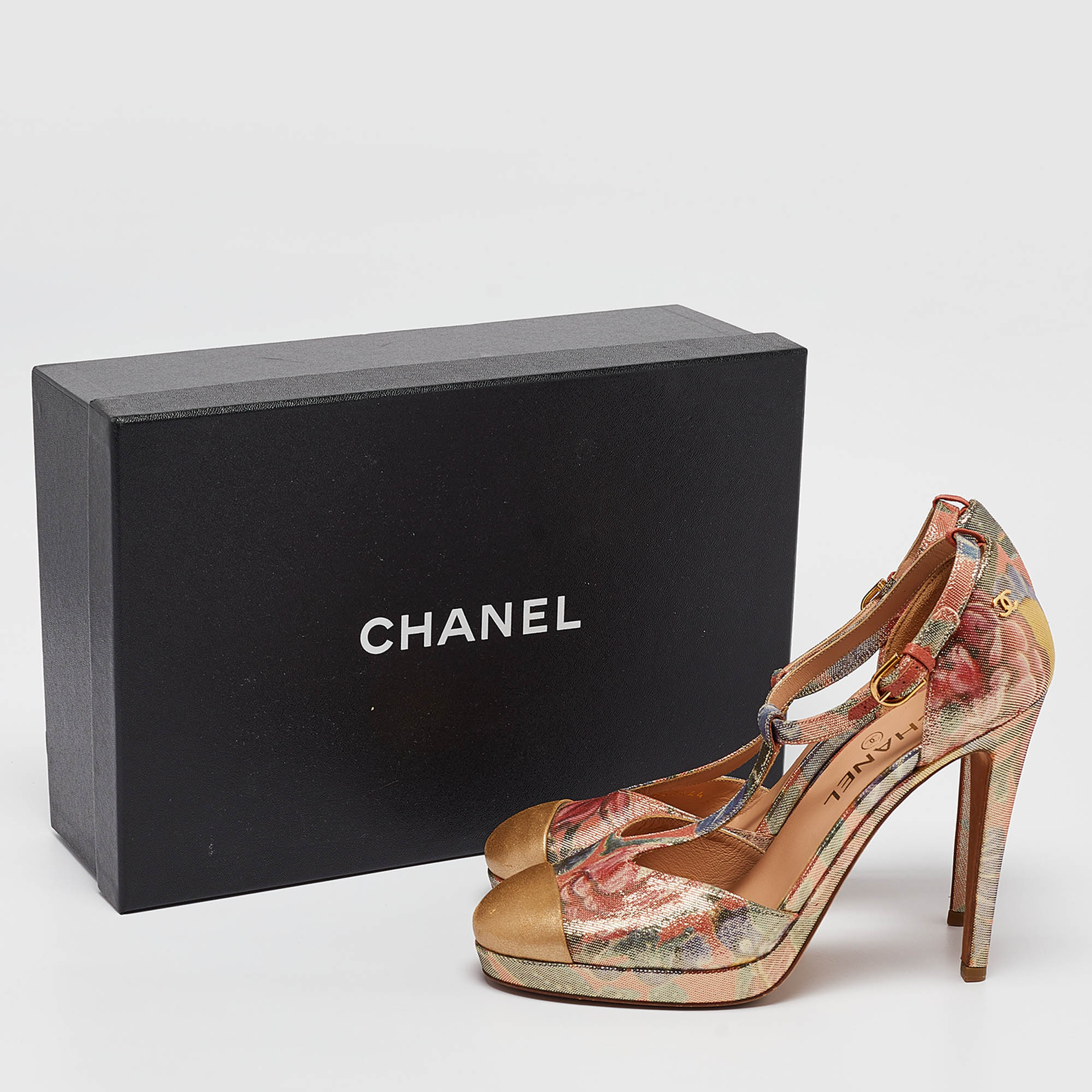 Chanel Multicolor Floral Lurex Fabric And Leather Platform Pumps Size 38.5