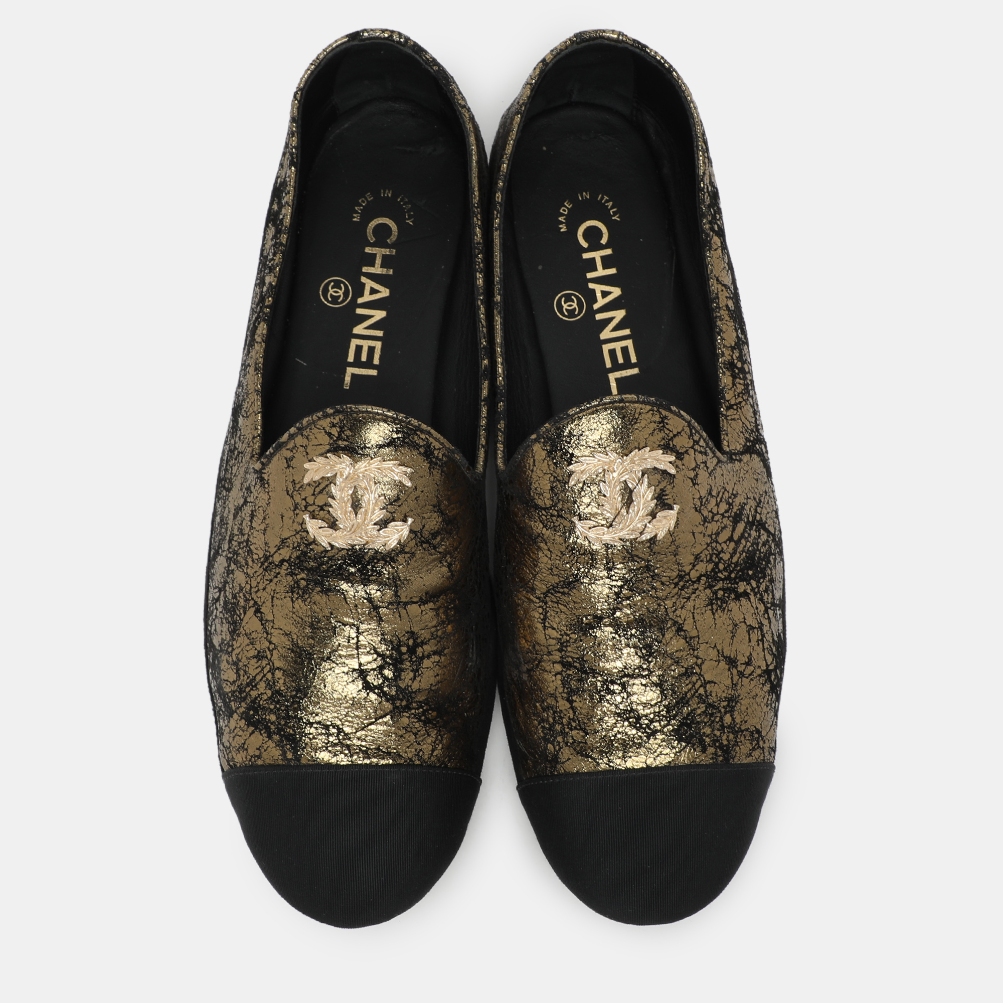 Chanel Gold/Black Printed Suede And Fabric CC Cap Toe Loafers Size 39