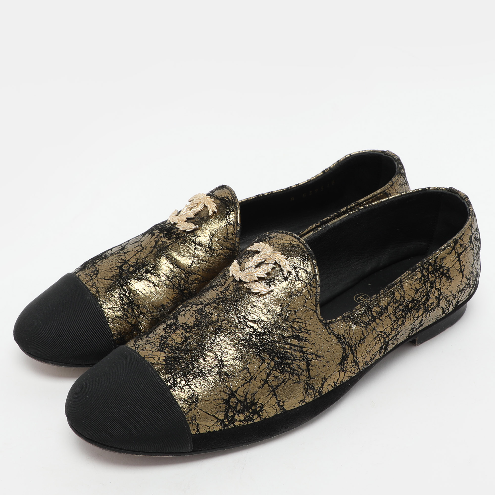 Chanel Gold/Black Printed Suede And Fabric CC Cap Toe Loafers Size 39