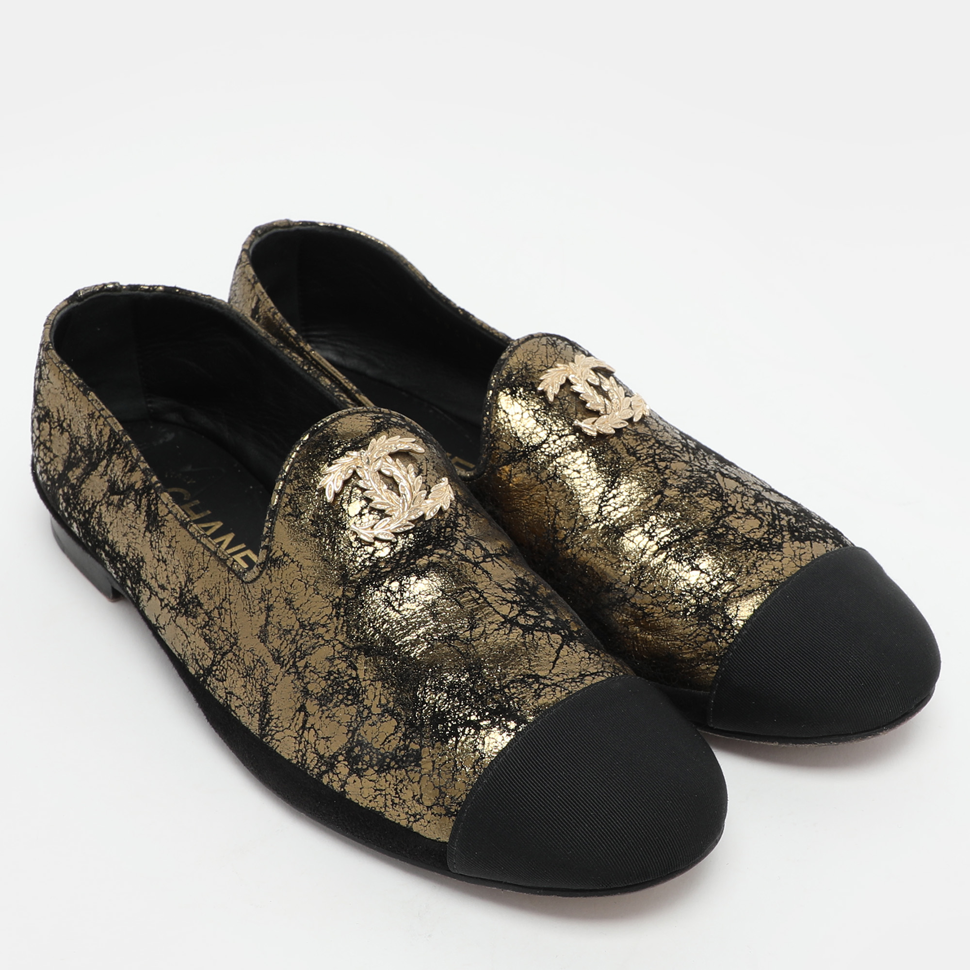 Chanel Gold/Black Printed Suede And Fabric CC Cap Toe Loafers Size 39