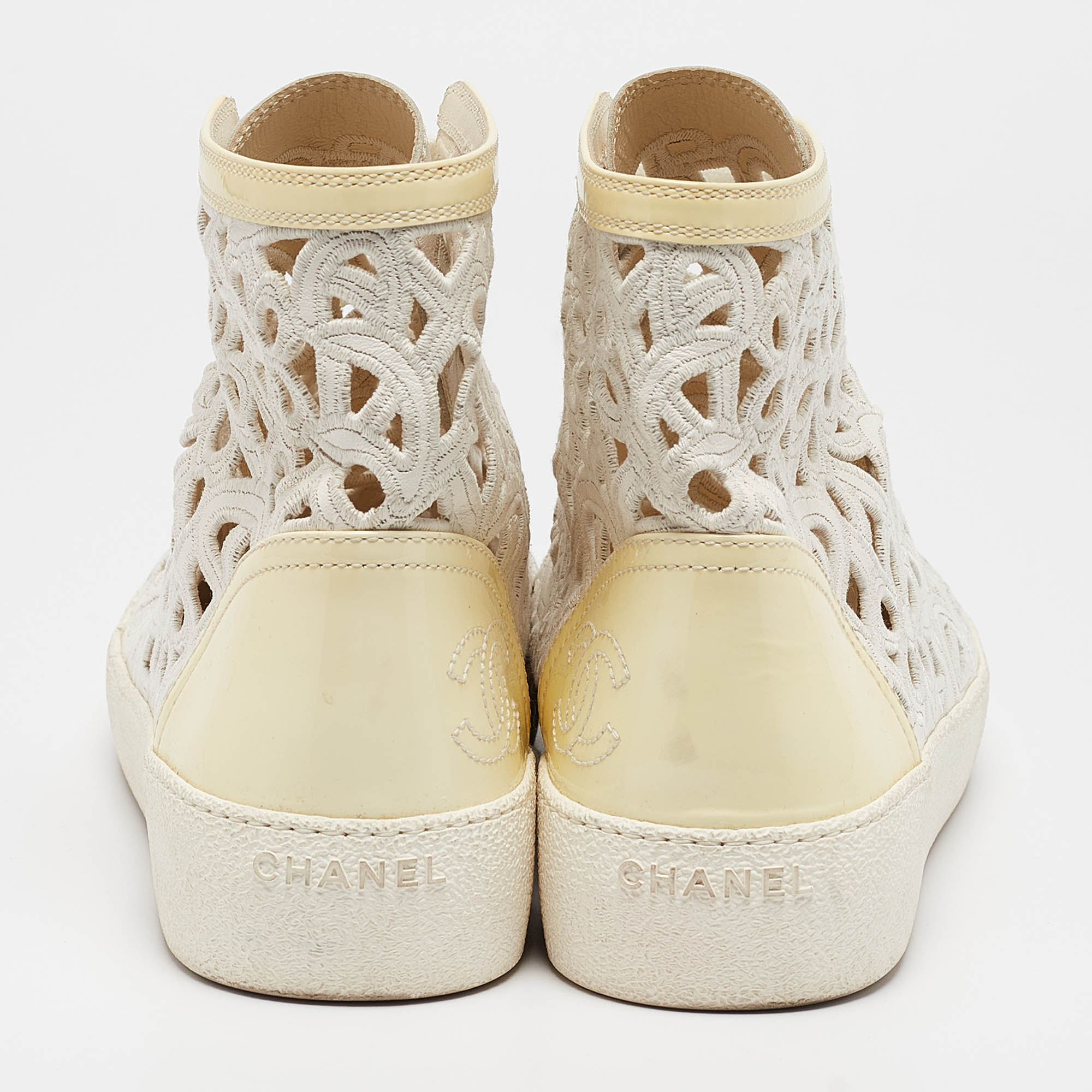 Chanel White/Cream Floral Laser Cut Leather And Patent CC High Top Sneakers Size 40