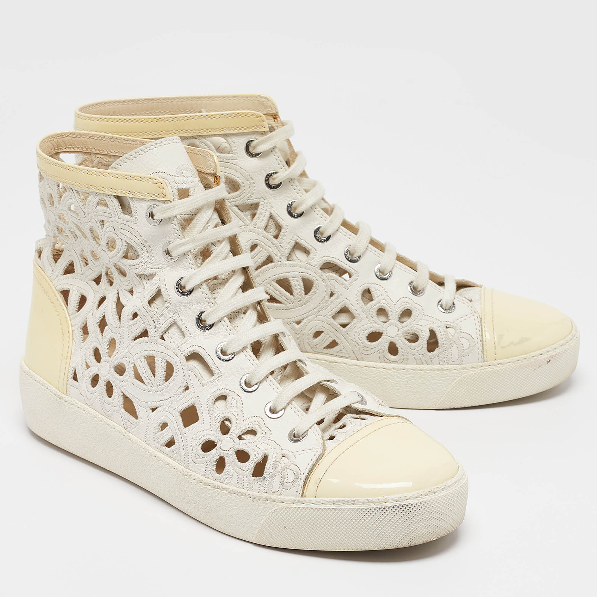 Chanel White/Cream Floral Laser Cut Leather And Patent CC High Top Sneakers Size 40