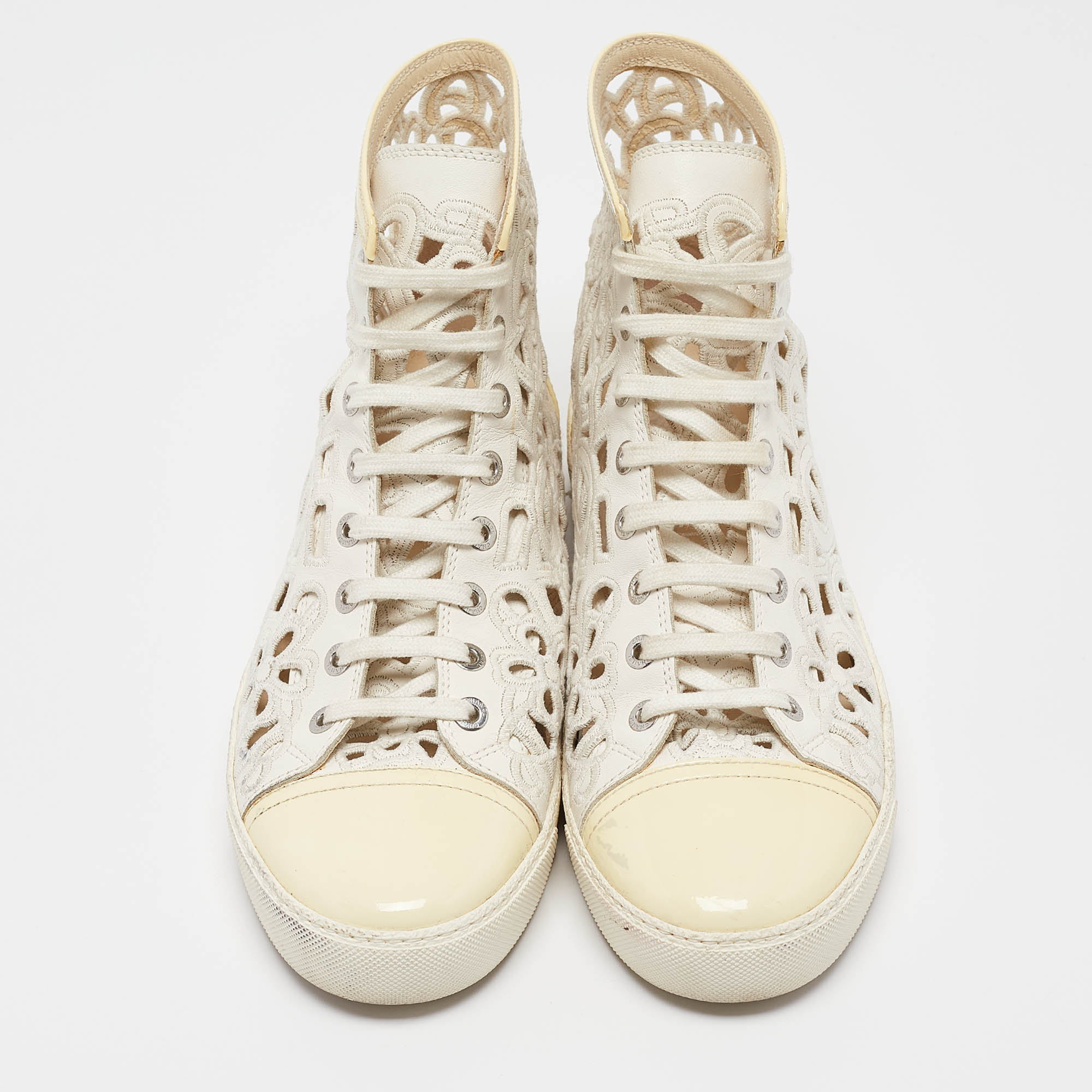 Chanel White/Cream Floral Laser Cut Leather And Patent CC High Top Sneakers Size 40