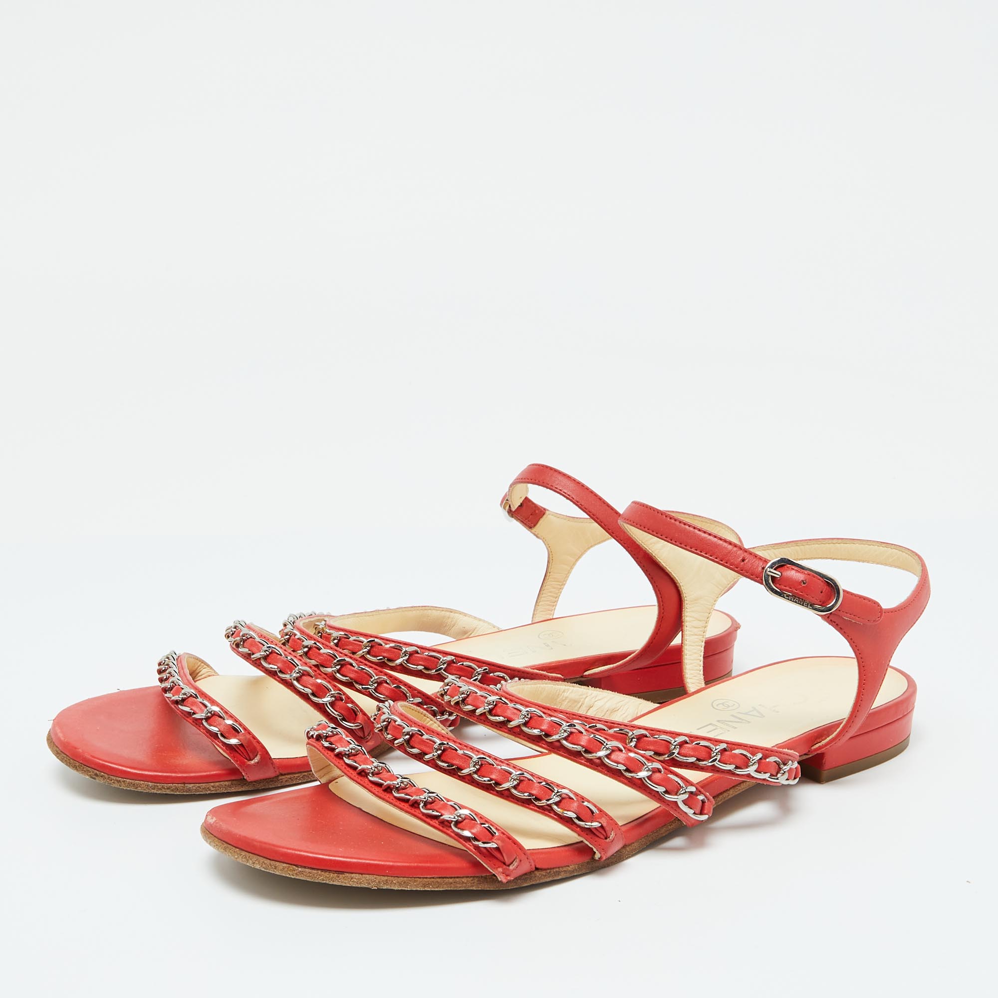 Chanel Red Leather Chain Link Detail Strappy Flat Sandals Size 39.5