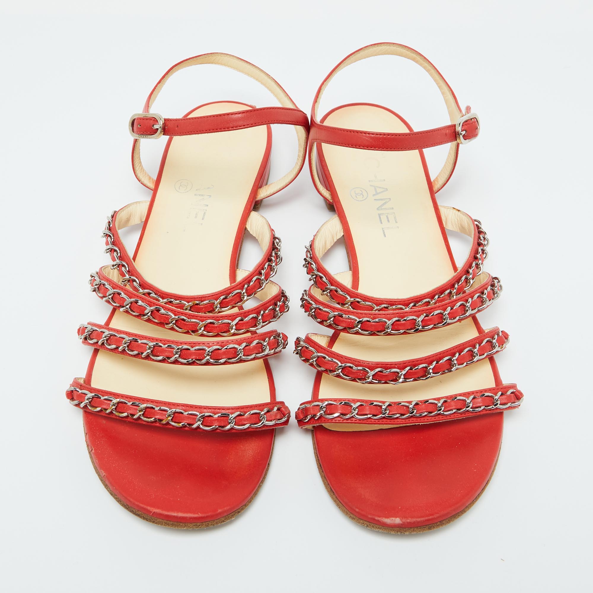 Chanel Red Leather Chain Link Detail Strappy Flat Sandals Size 39.5