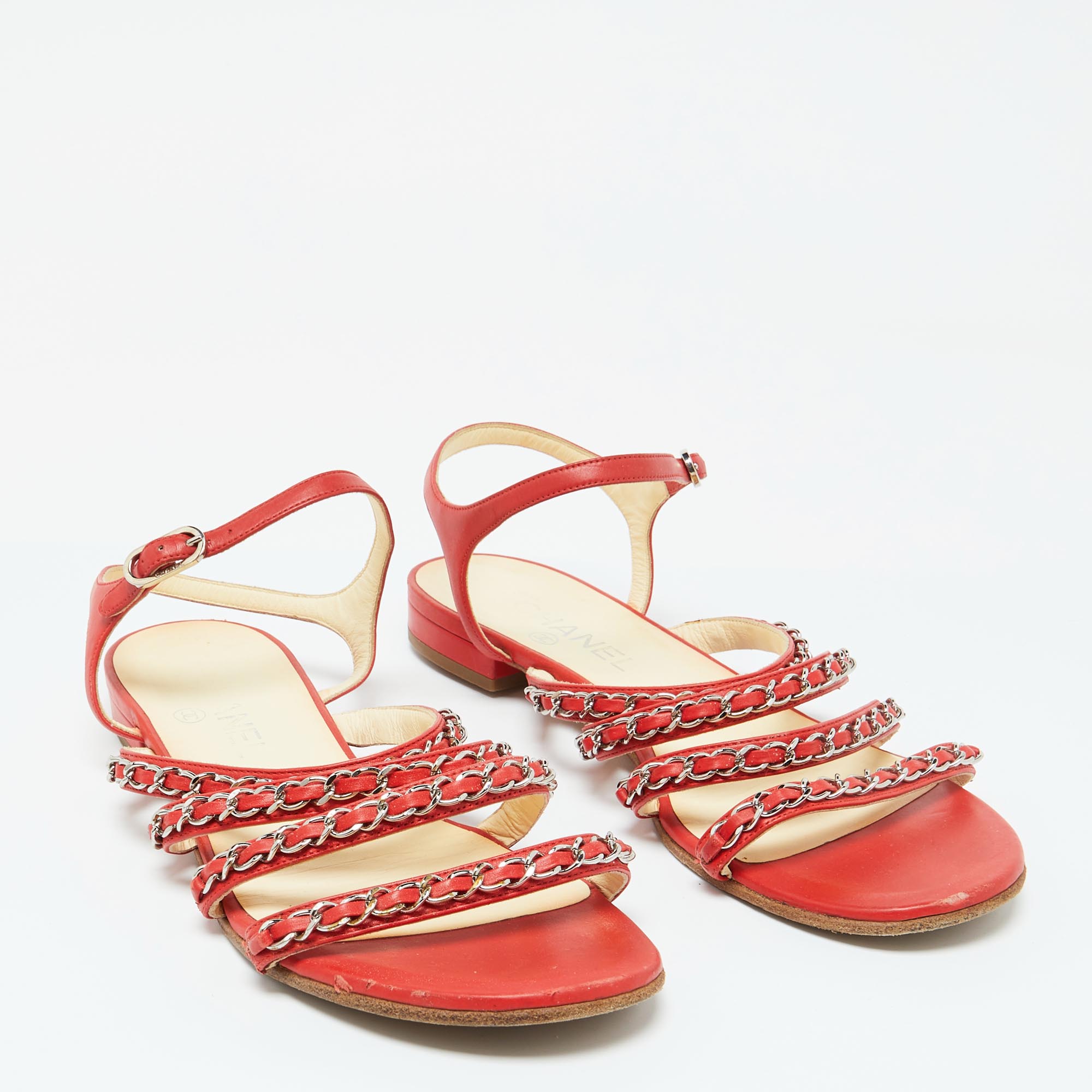 Chanel Red Leather Chain Link Detail Strappy Flat Sandals Size 39.5