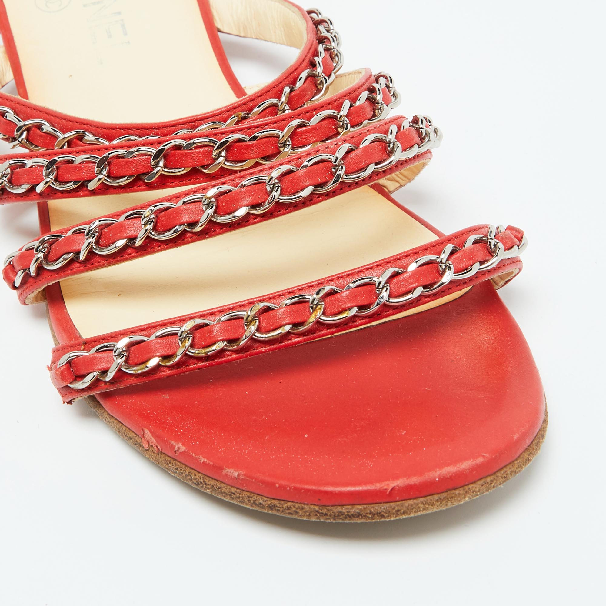 Chanel Red Leather Chain Link Detail Strappy Flat Sandals Size 39.5