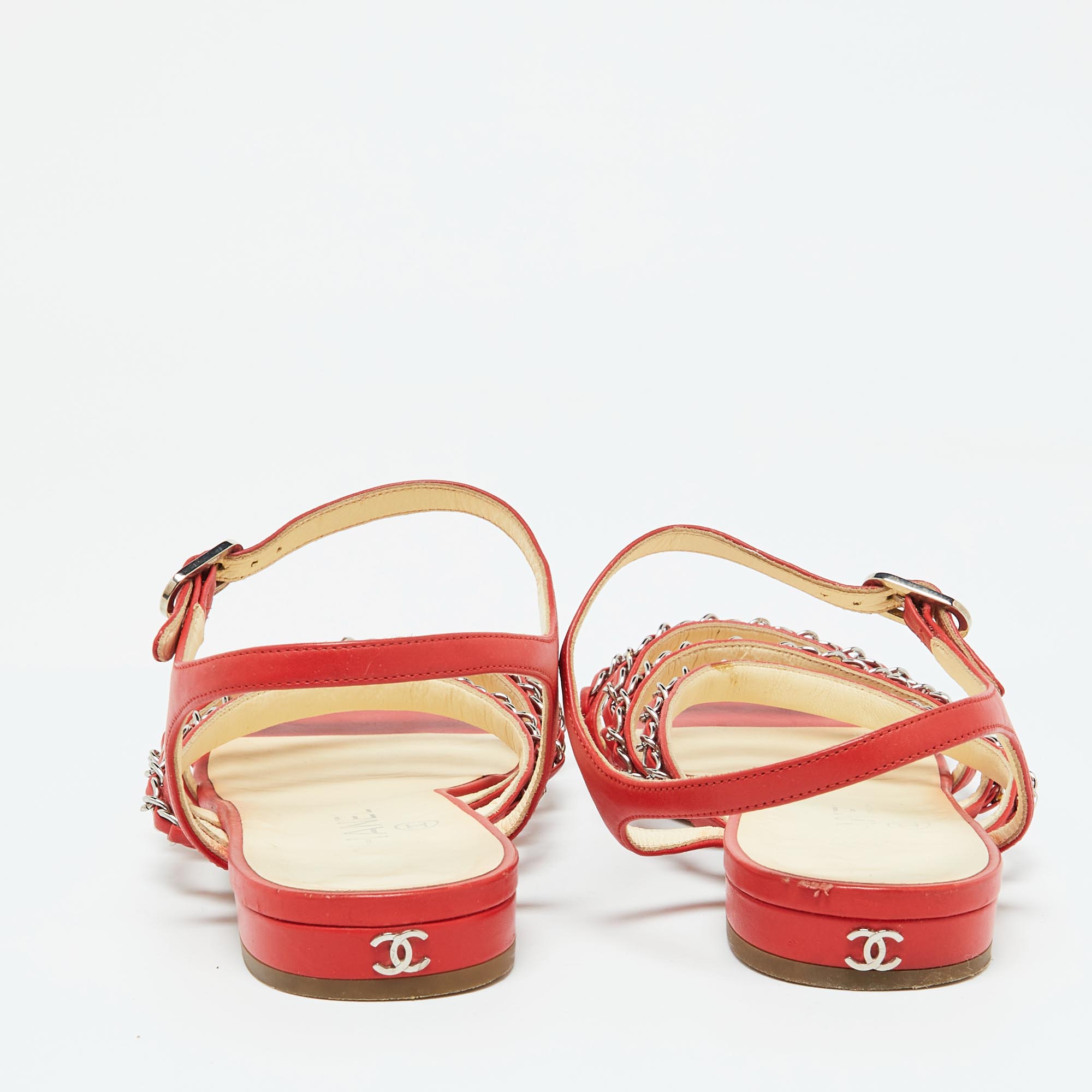 Chanel Red Leather Chain Link Detail Strappy Flat Sandals Size 39.5